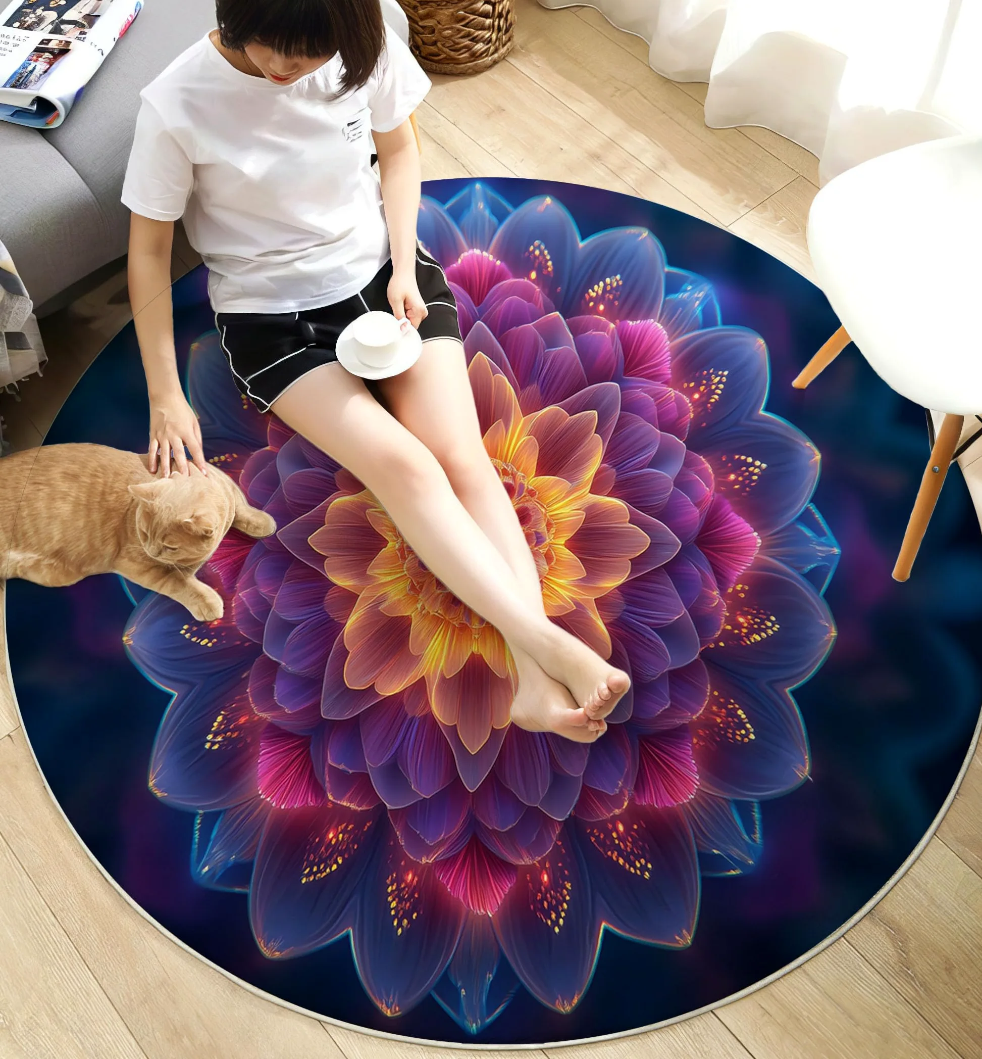 Tapis Rond 100cm, Microfibre Douce Tapis Circulaire Mandala, Moquette Salon Chambre, Imprimés Art Multicouche Pétales Antidérapant Lavable Moquette de Décoration, Bleu Violet