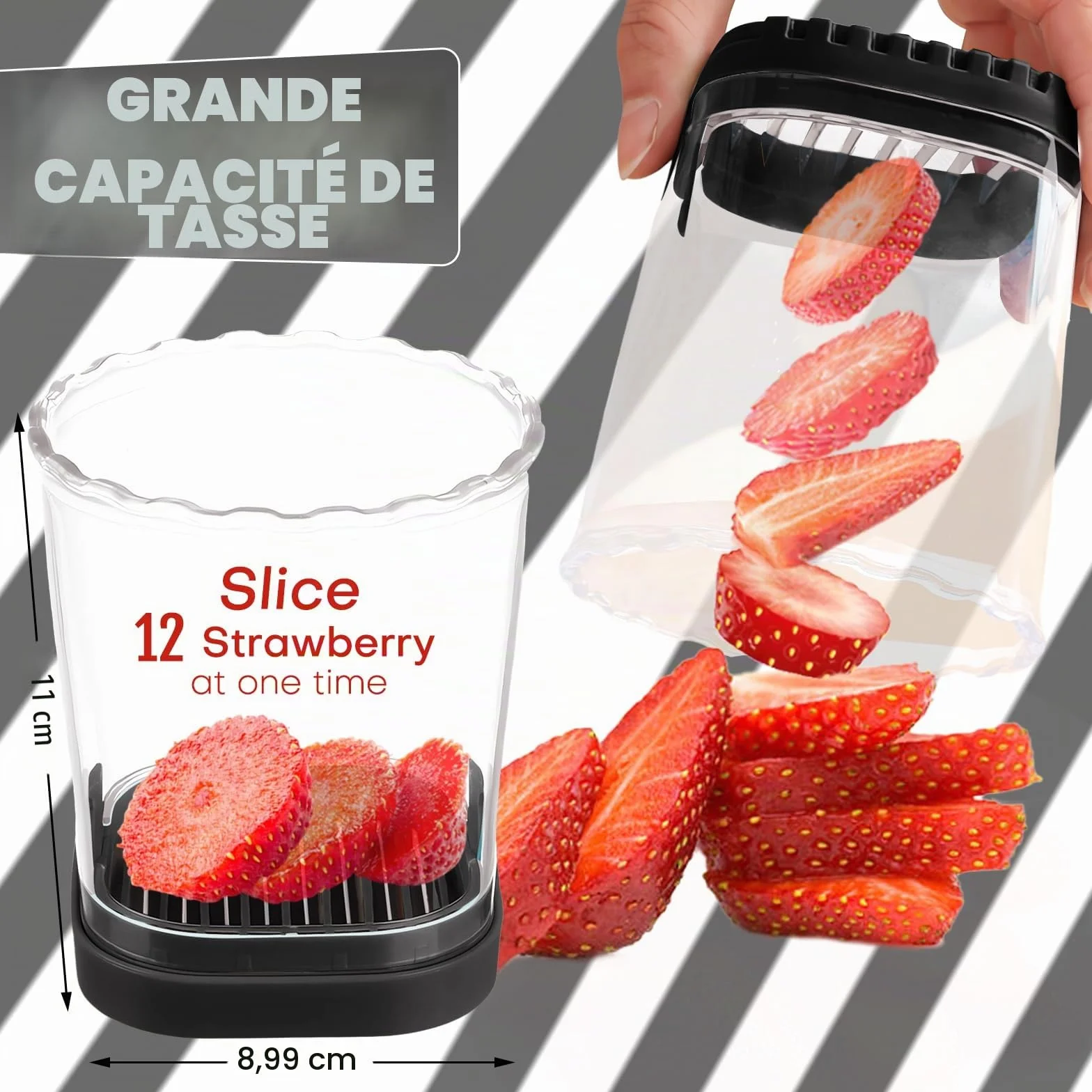 Coupe-fruits amovible avec plaque de poussée Trancheuse à fraises banane œufs Gadget de cuisine (noir)