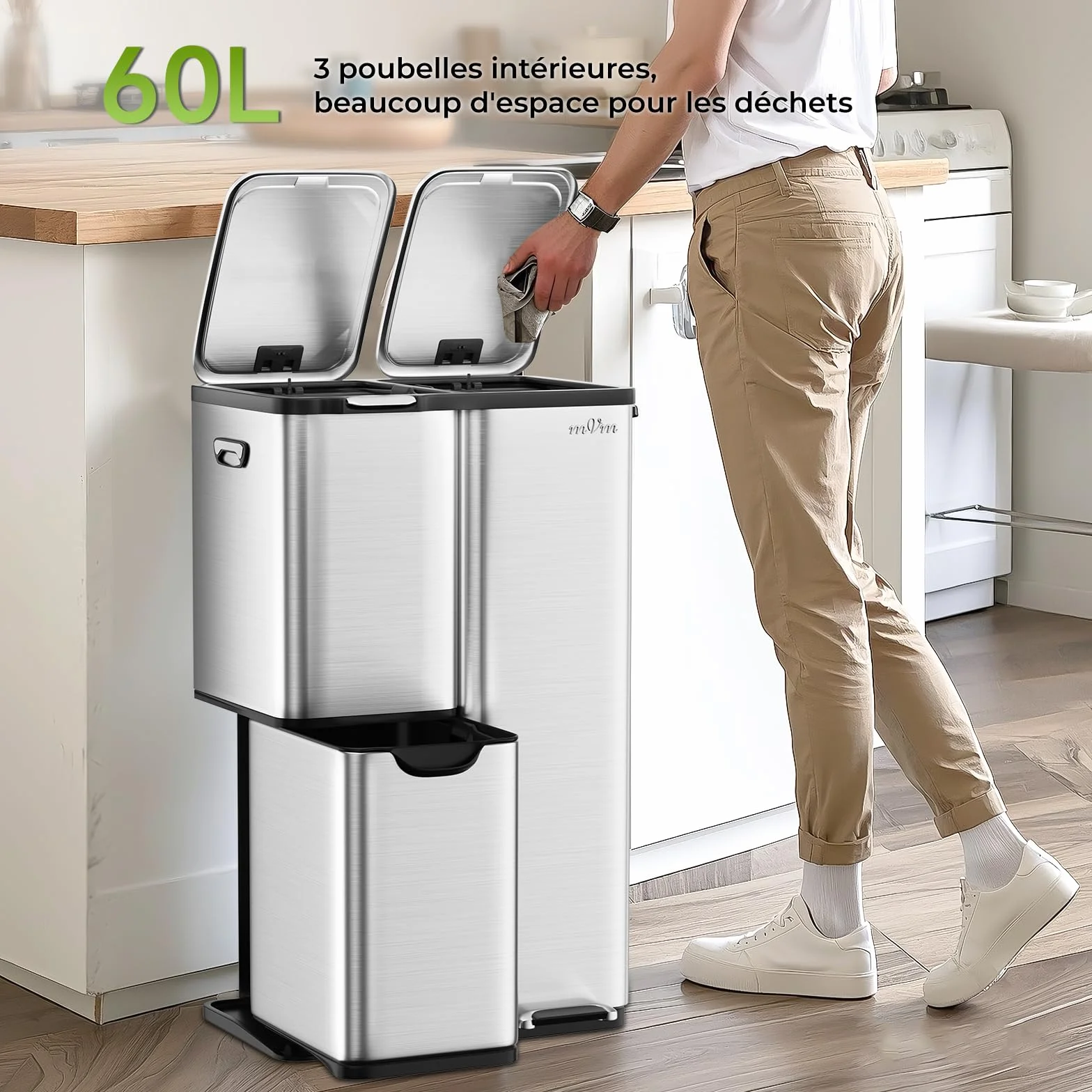 mVm Poubelle de Cuisine Triple 3 Compartiments 60L Acier