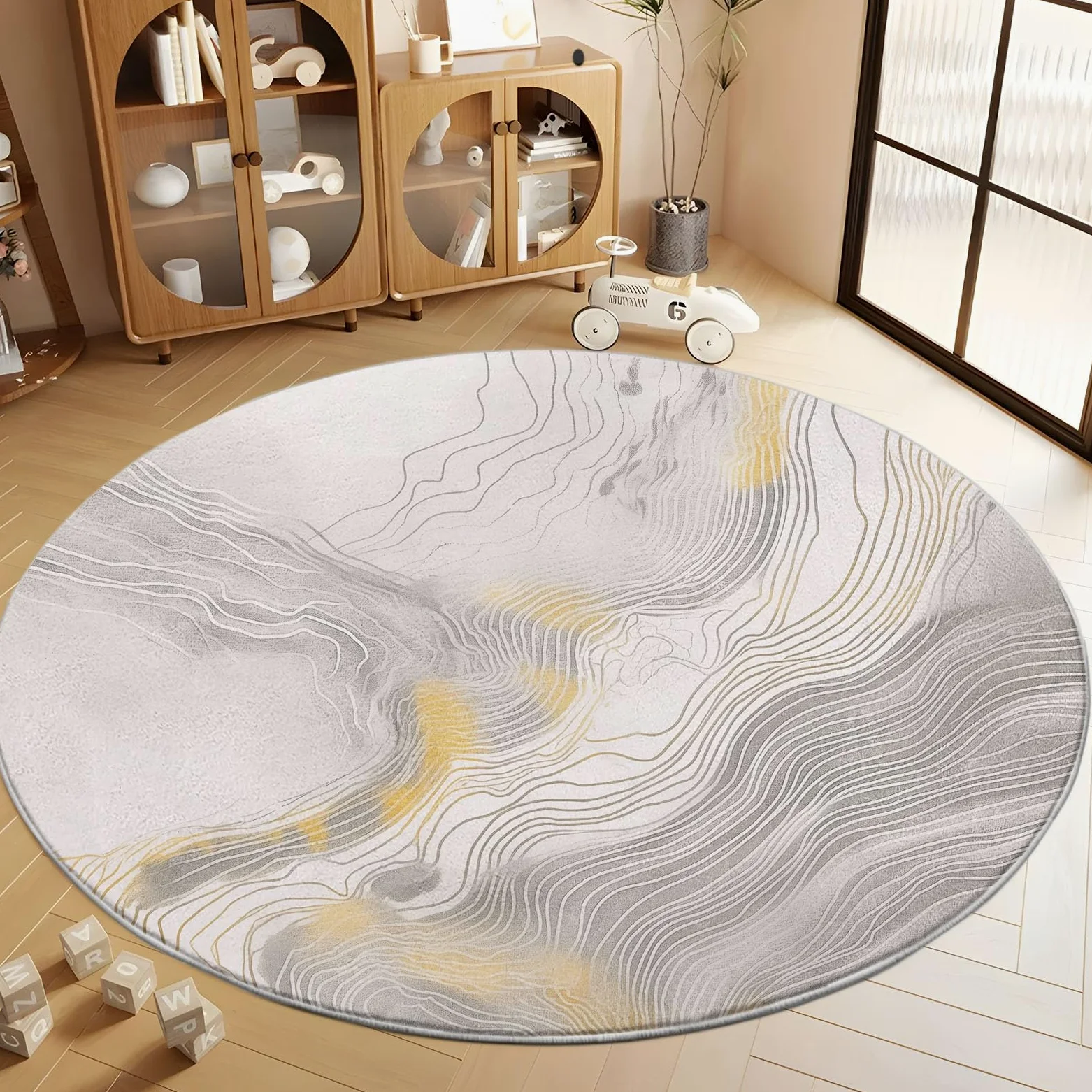 Tapis Ronds Lavables 120 cm, Marbre Texturé Doré Tapis Rond Antidérapant pour Salon, Surréalisme Rugs Rond à Poils Courts Doux pour sous Table à Manger