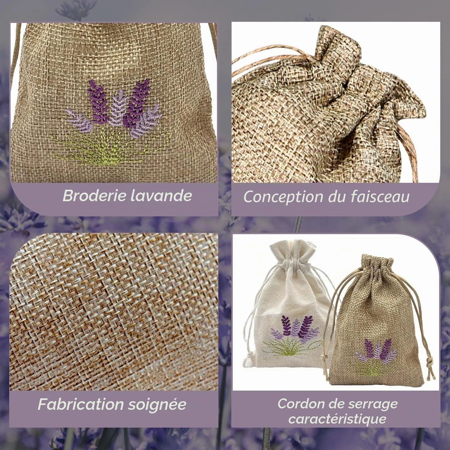 Sachets de lavande vides à remplir avec cordon de serrage, coton et lin, lot de 12