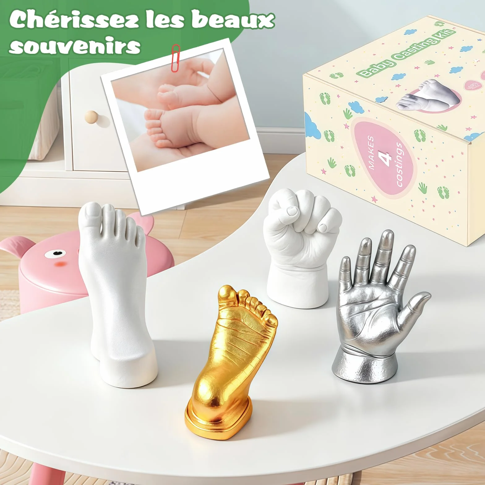 Empreinte Main Pied Bebe 0-9 Mois Kit de Moulage 3D 4 Moulages avec Peintures Non Toxique Souvenirs Personnalisés Cadeau Naissance