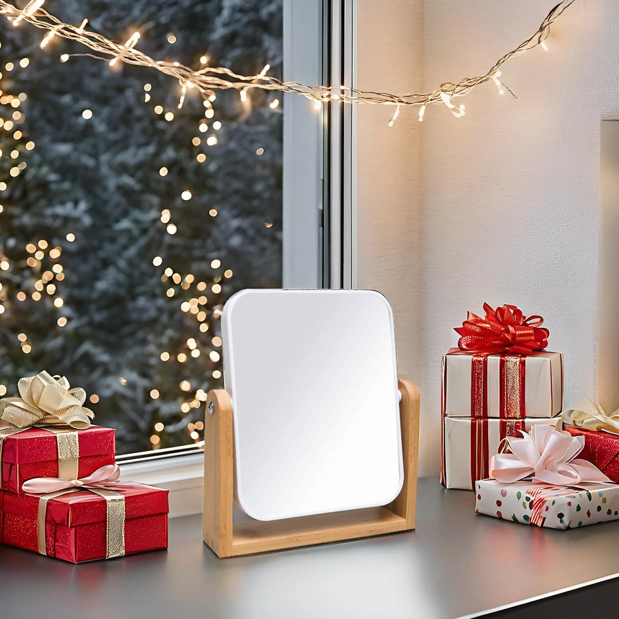 Miroir de Maquillage avec Support en Bambou Naturel, Double Face 1X/2X, Rotation 360°, Portable, Blanc
