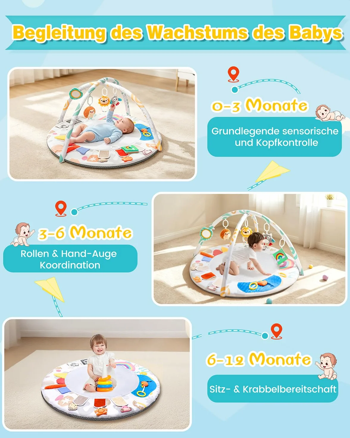 Tapis d'Éveil Bébé avec Arche Amovible, Jeux Sensoriels Montessori, 5 Jouets Suspendus 0-12 Mois