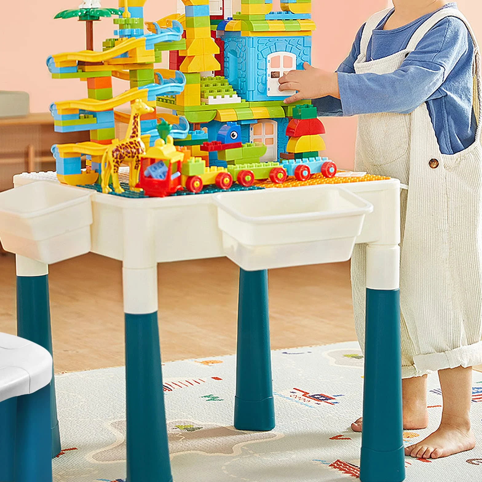 Table 6 en 1 pour enfant avec 2 chaises et 163 blocs de construction - Table d'activité multifonction plateau double face