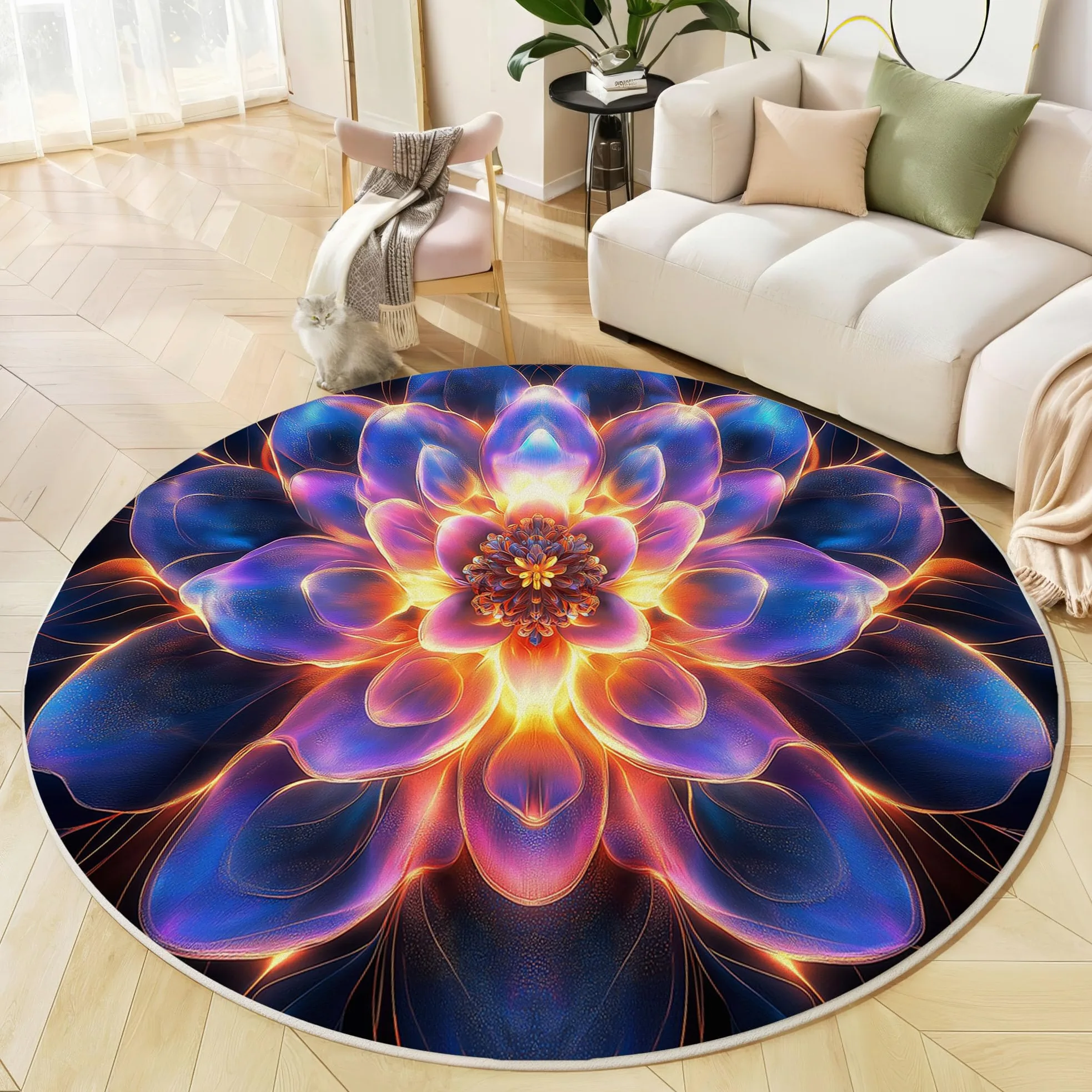 Tapis Rond 100cm, Microfibre Douce Tapis Circulaire Fantastique Art, Moquette Salon Chambre, Imprimés Brillant Mandala Antidérapant Lavable Moquette de Décoration, Bleu Violet