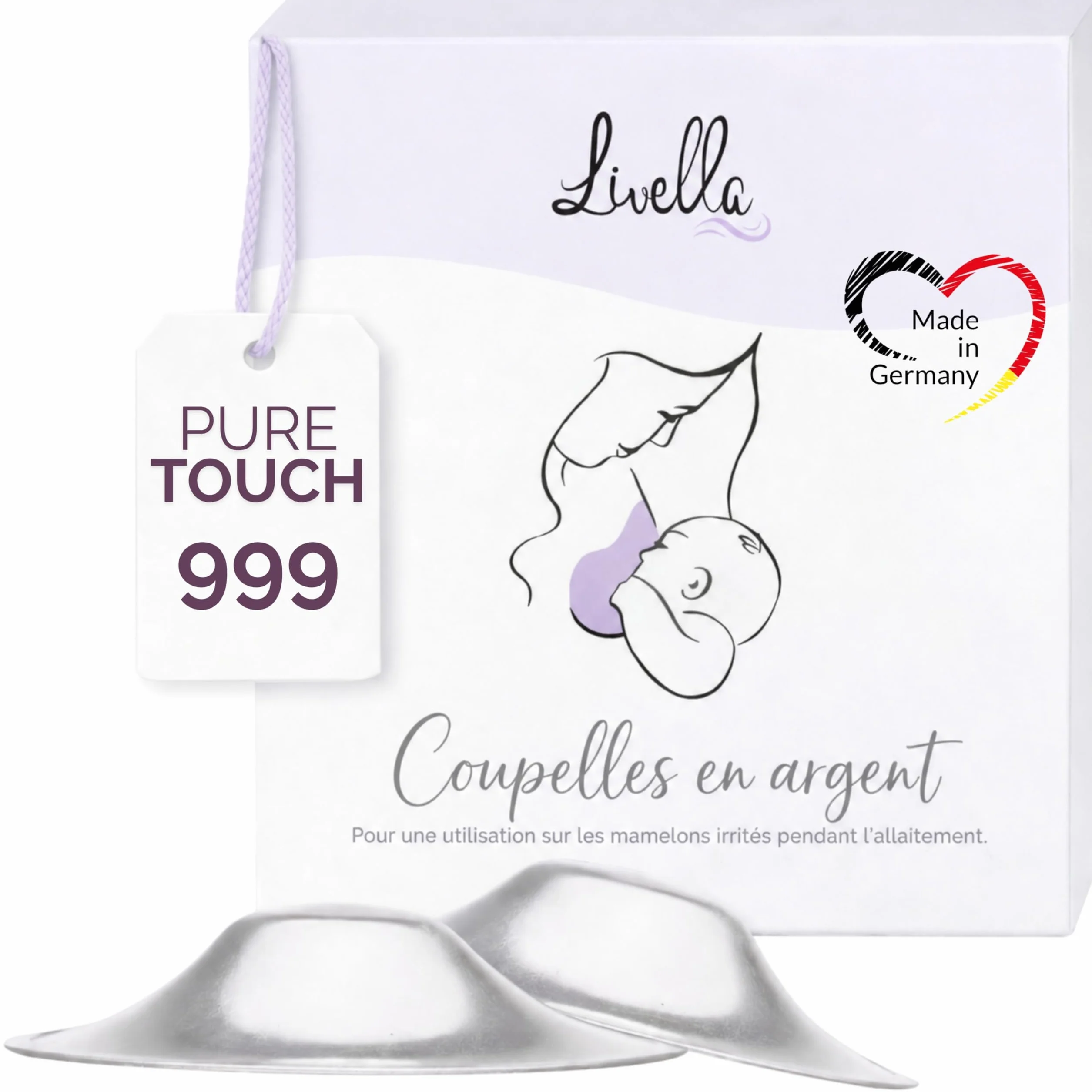Livella Coupelles en Argent pour l'Allaitement Made in Germany Mamelons sensibles Maintient milieu cutané humide Bouts de sein protecteurs Maternité Post-partum