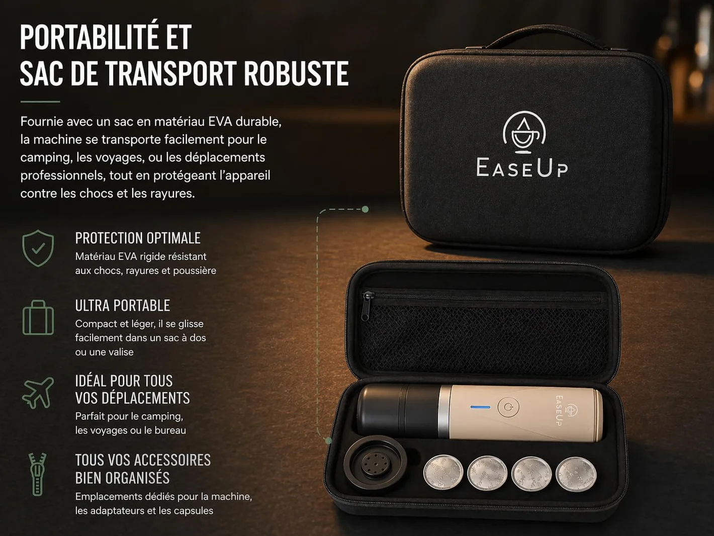 EaseUp Machine à Café Portable Rechargeable 2en1 avec étui de transport – Cafetière portable compatible Capsules Espresso & Café Moulu Pour Voyage, Camping, Voiture (Beige)