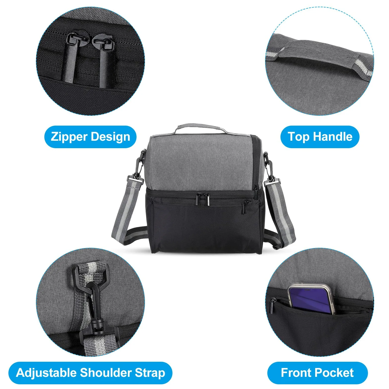 Sac à déjeuner isotherme en tissu Oxford imperméable, sac fourre-tout thermique portable, boîte à déjeuner, récipient alimentaire pour le travail, le bureau, le pique-nique en plein air, 26,7 x 18 x