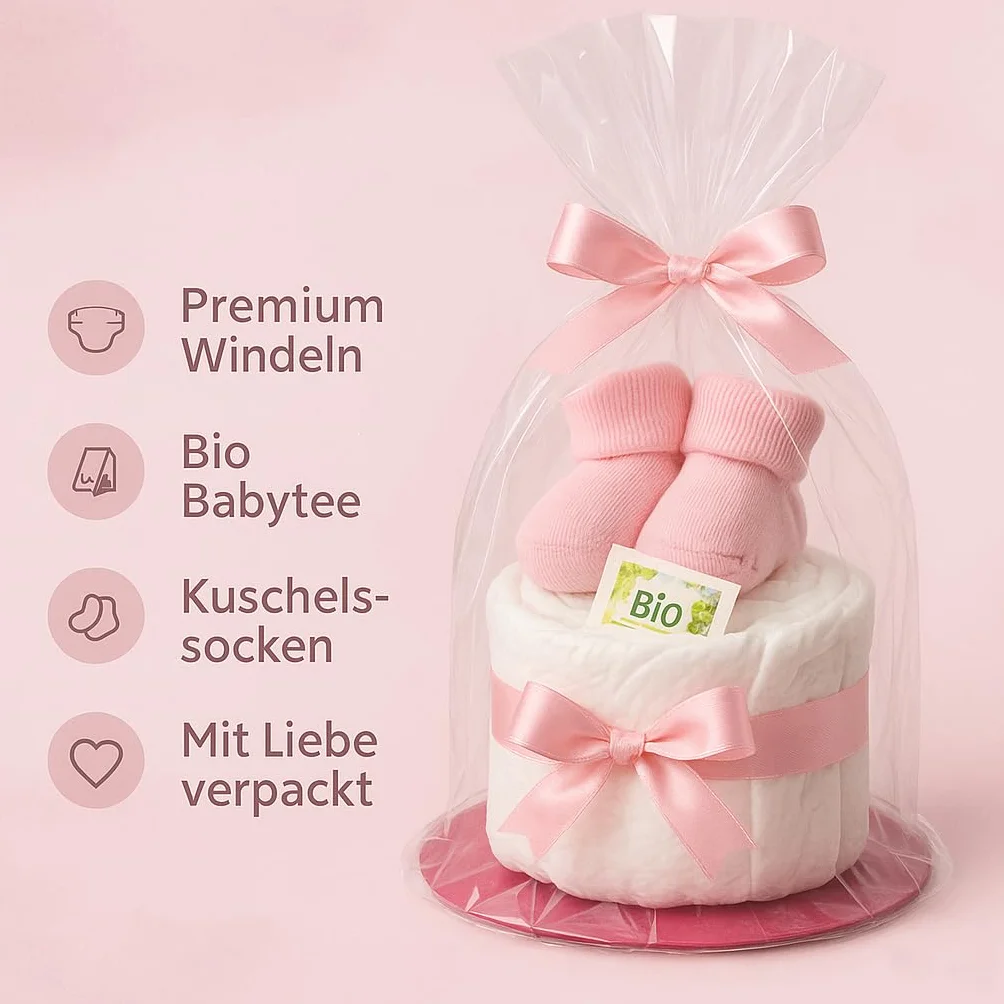 Gâteau de couches Homery pour fille rose 11 pièces avec chaussettes cadeau de naissance