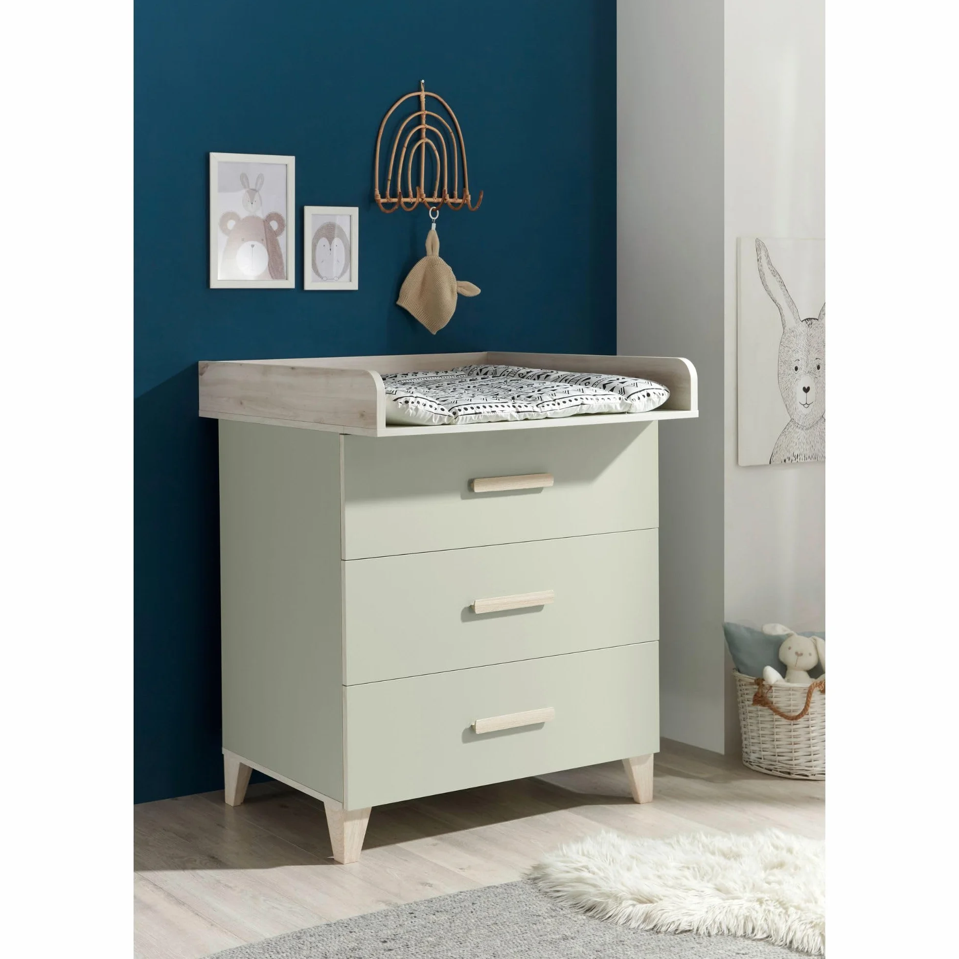 Stella Trading Prizzi Complet Ensemble de Meubles Chambre 3 pièces Armoire Lit Bébé Commode à Langer Bois Vert Pastel