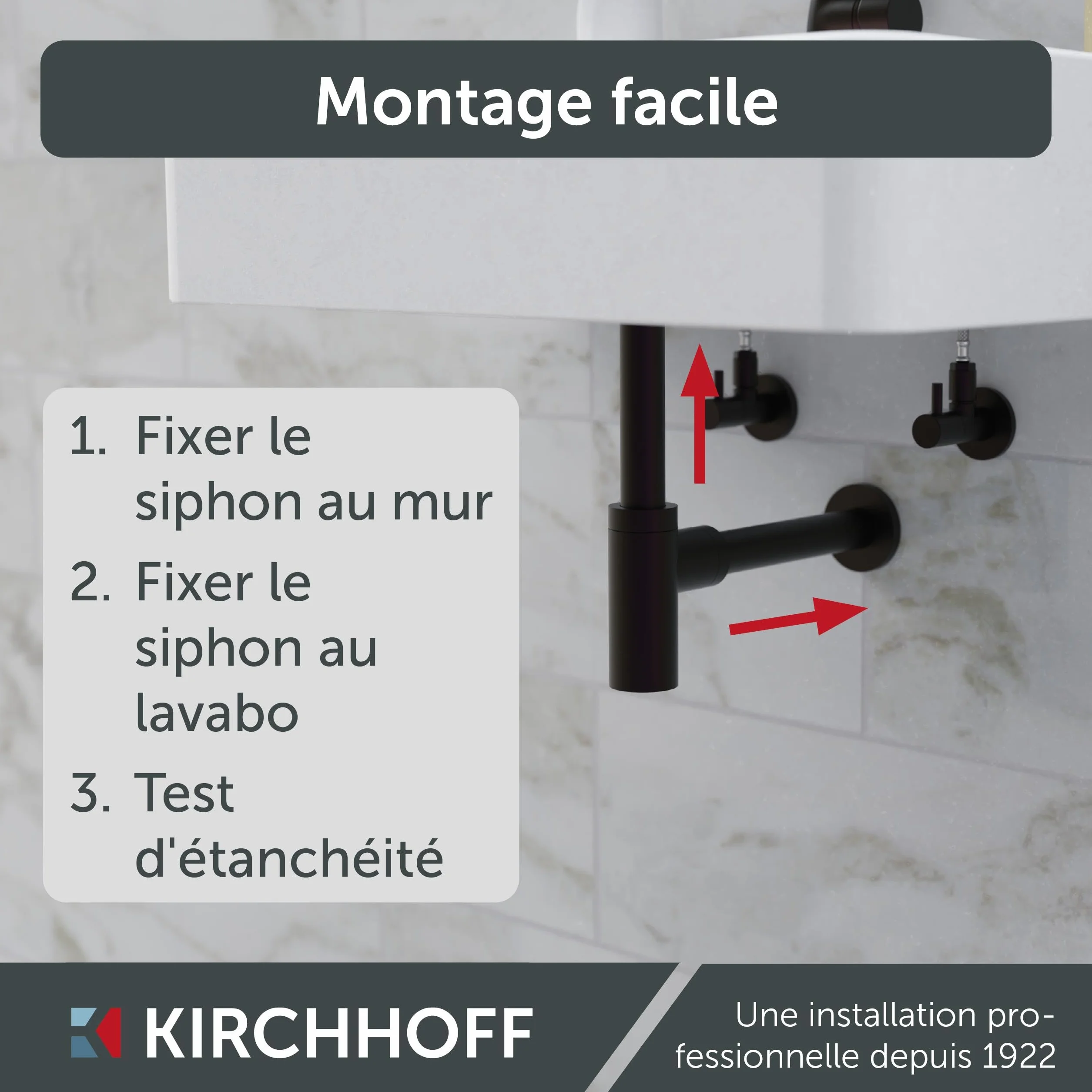 Kirchhoff Siphon lavabo plastique non corrosif anti-odeurs avec ouverture de nettoyage noir