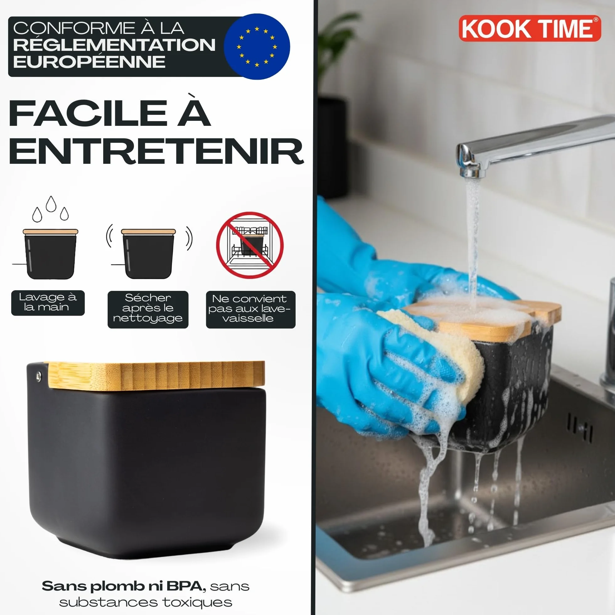 Boîte à sel cuisine céramique avec couvercle bambou 11.5 cm noir