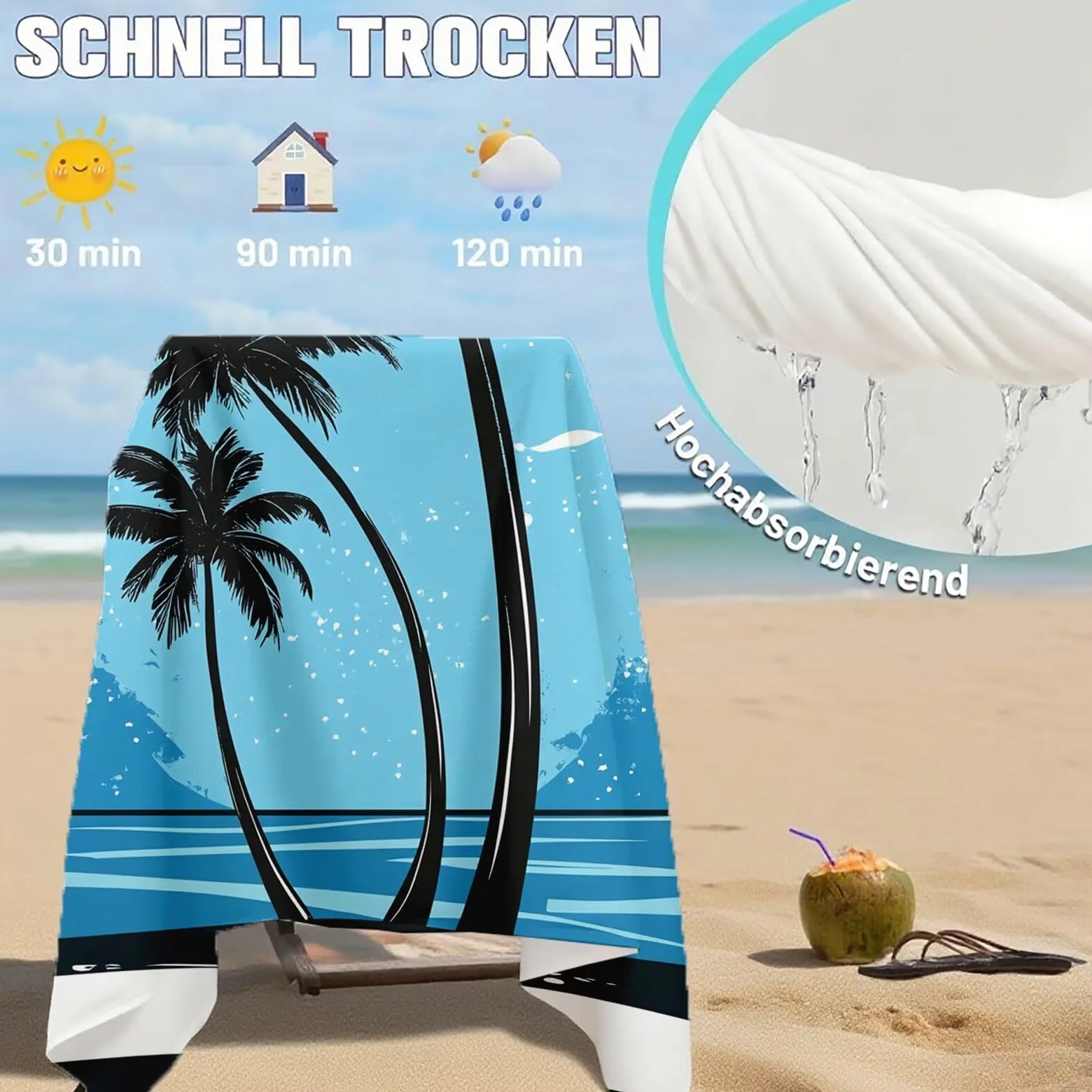 Serviette de Plage XXL 90x200,Bleu Serviette Plage Microfibre avec Séchage Rapide, Anti-Sable, Absorbante Fonction Design pour Vacances Piscine Pique-Nique Voyages Yoga, Cadeau Femme 2 Pack Q-622