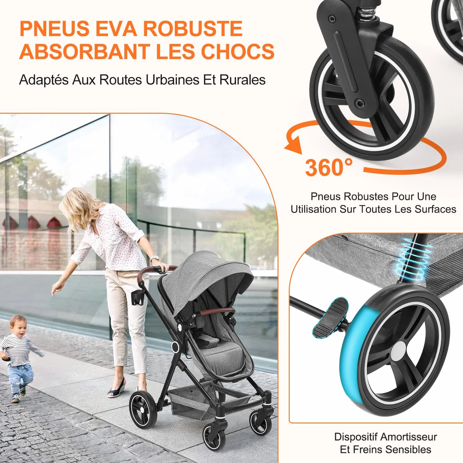 Poussette 2 en 1 Compacte Légère Pliable Siège Inclinable Landau Réglable Tout Terrain 0-3 Ans