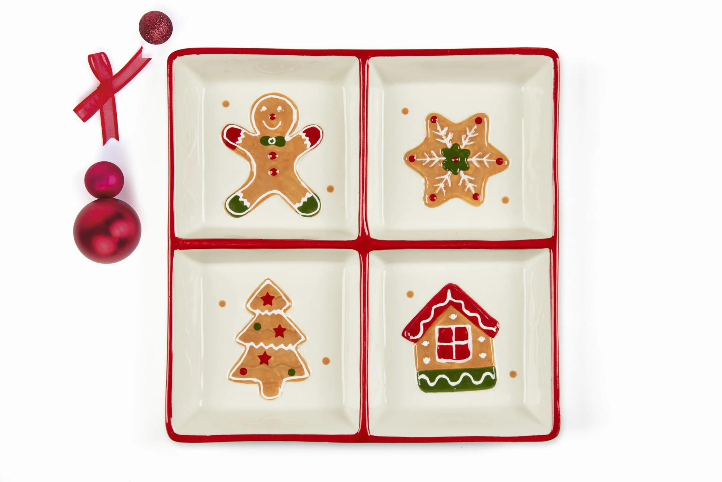 Excelsa Wonderful Ginger Assiette de Noël en céramique 4 compartiments, décoration pain d'épice 20 x 20 cm