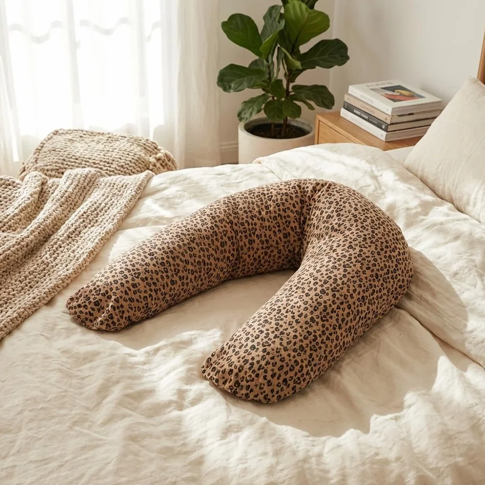 Coussin de Maternité 3 en 1 Grossesse Allaitement Repos Bébé Housse Double Gaze Coton Déhoussable Lavable Motif Léopard XXL