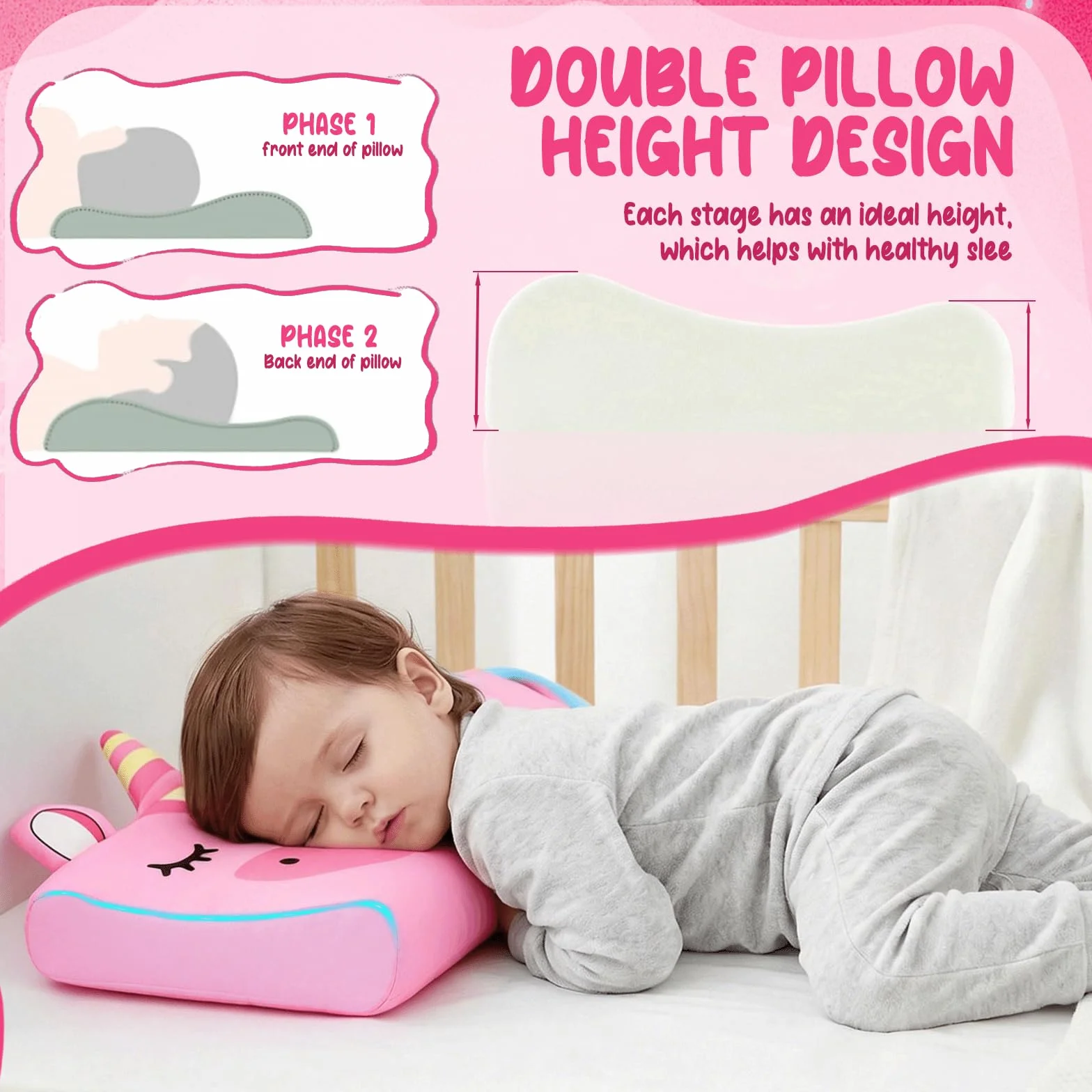 Oreiller Enfant 46x27cm Coussin Bébé Ergonomique Respirant Détachable 2-8 Ans