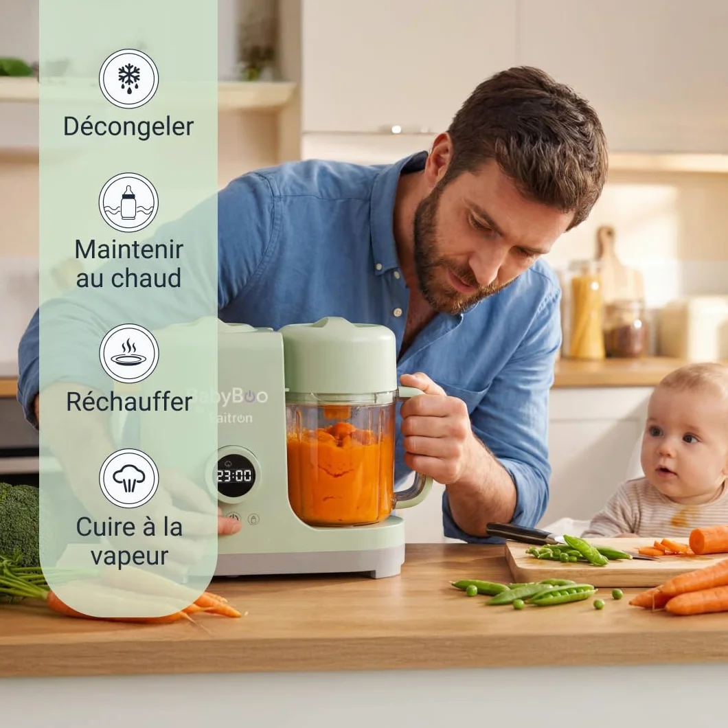 BabyBoo Robot Pappa 7-en-1 Cuisson vapeur mixage 20 min 300 W chauffe-biberon stérilisateur verre Tritan acier inoxydable écran digital