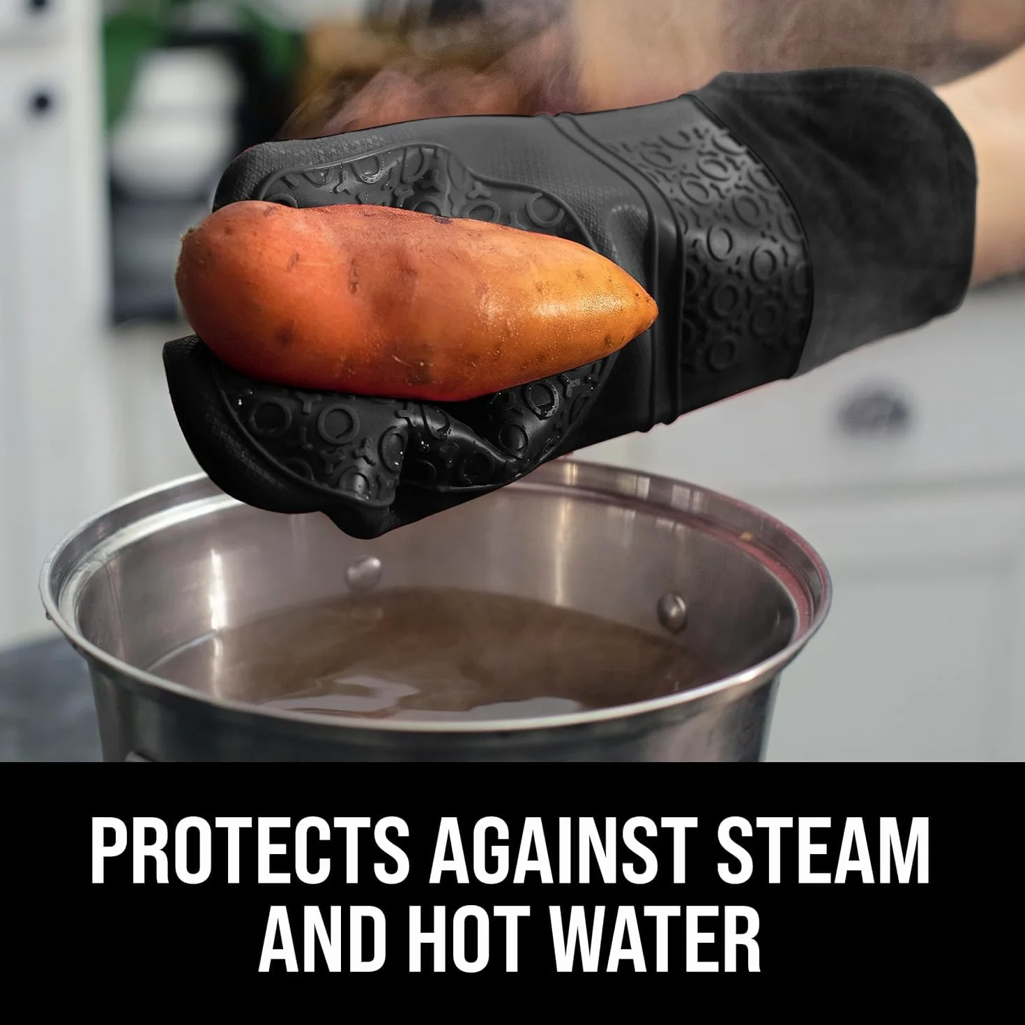 Gant de cuisine professionnel extra long en silicone - 1 paire - Gants de cuisine avec revêtement matelassé - noir