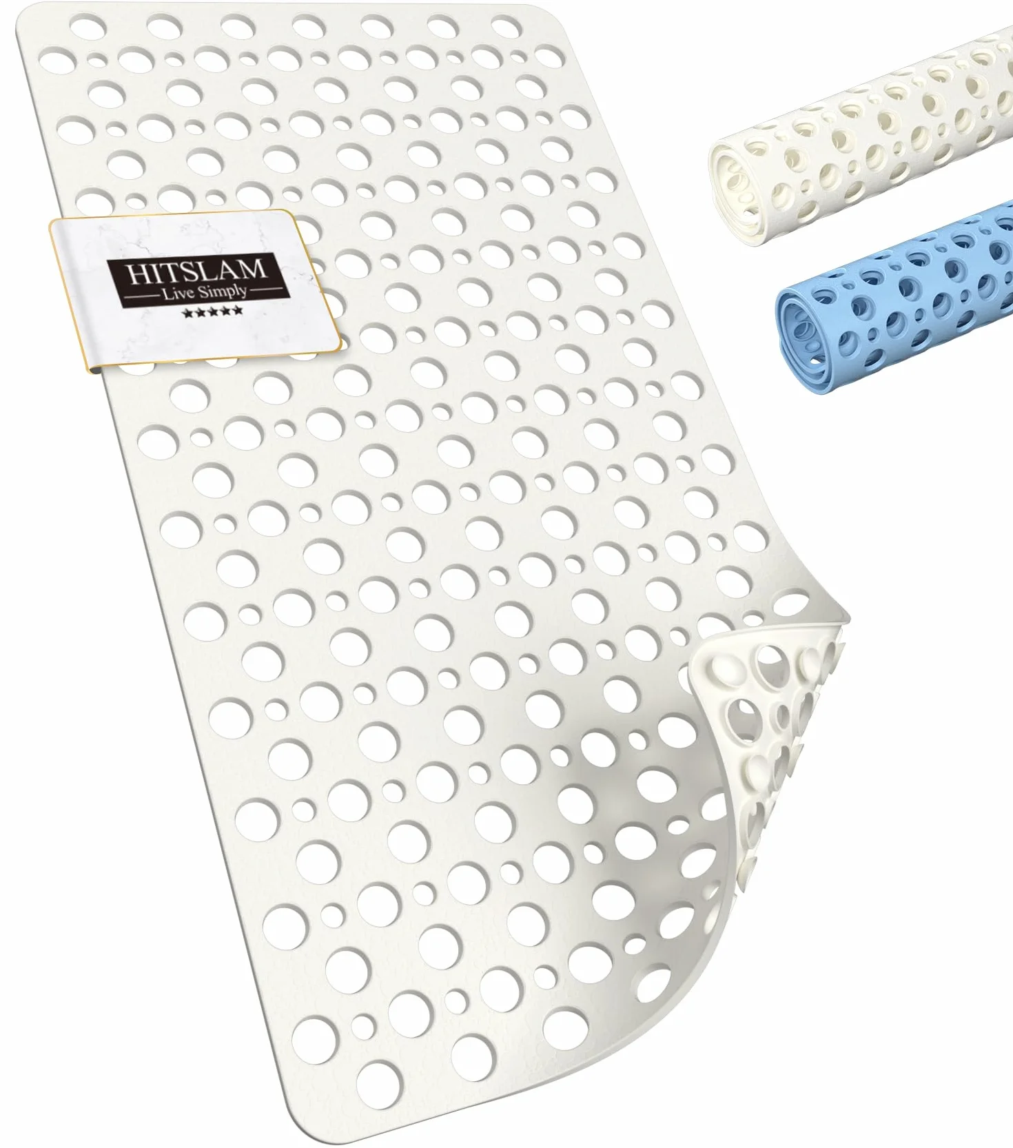 HITSLAM Tapis de Baignoire Antidérapant 70 x 38 cm Sans BPA Résistant aux Moisissures Lavable en Machine Blanc