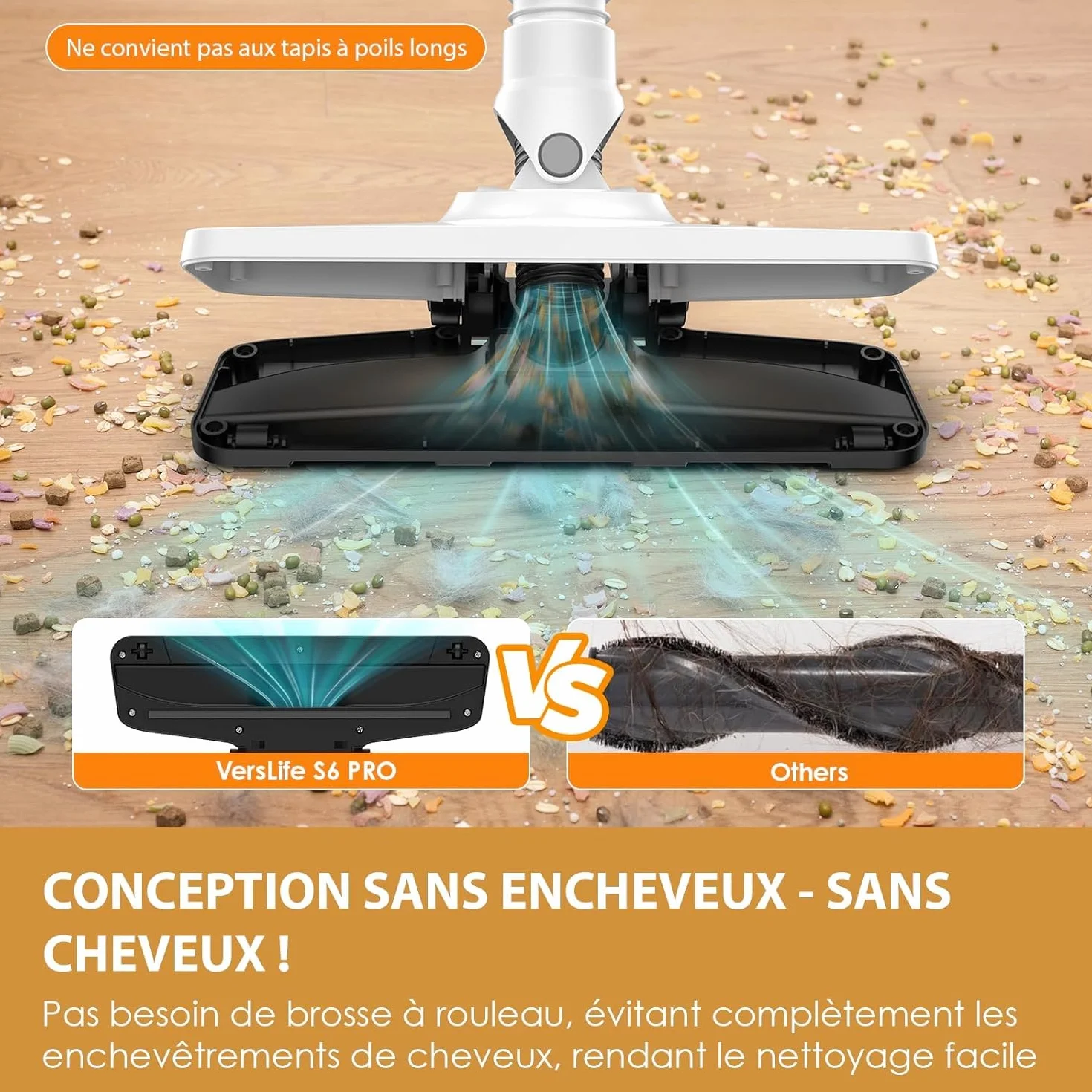 VersLife Aspirateur Balai sans Fil 30Kpa 30 Min Autonomie 4 en 1 sans Sac Poils Animaux Tapis Sols Blanc