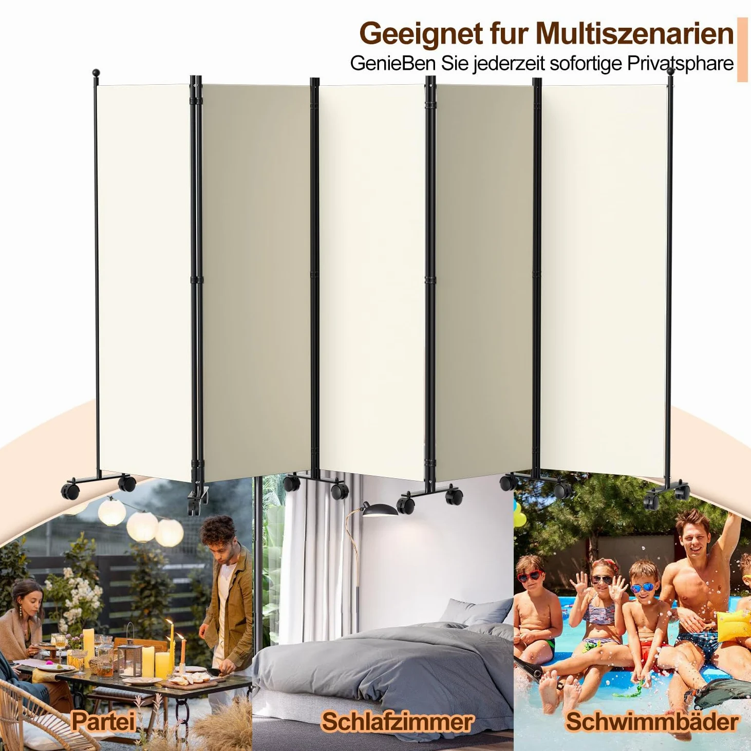 Paravent séparateur de pièce, pliable, autonome, en 5 parties, sur roulettes, brise-vue, cloison pour jardin, bureau, terrasse, 284 x 181 x 30 cm, blanc