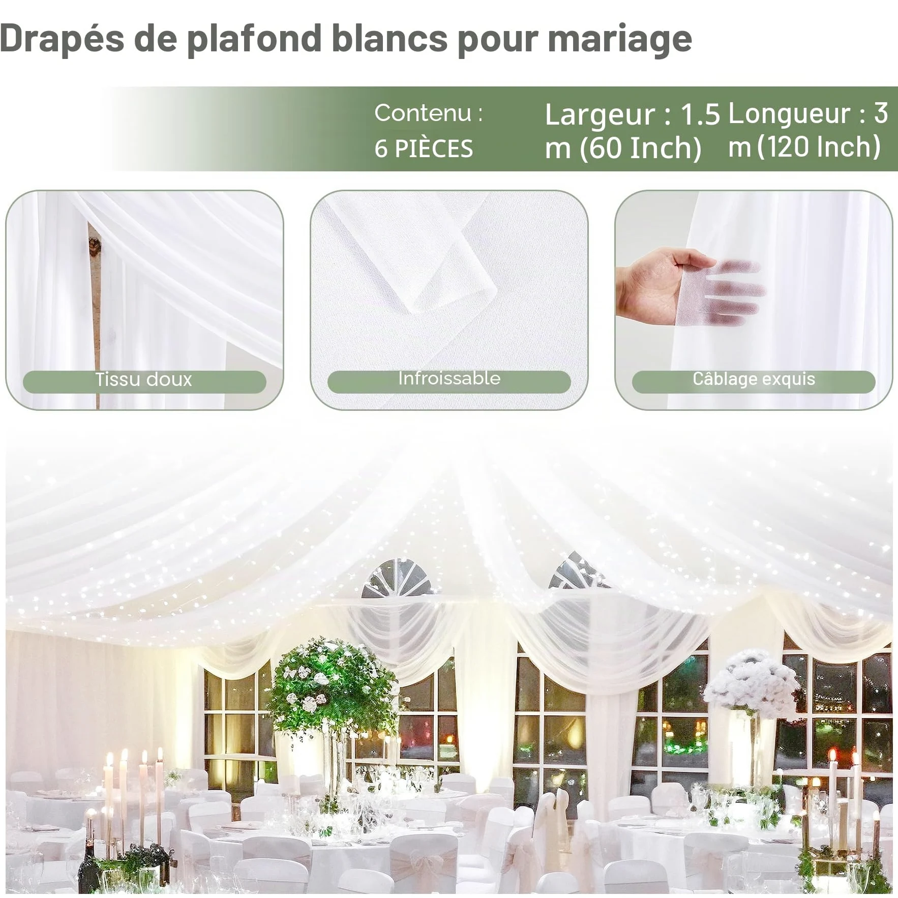 Lot de 6 rideaux de plafond blancs avec guirlandes lumineuses pour mariage – Rideaux de plafond en tulle transparent pour décoration de maison, fête, cérémonie, scène, 1,5 x 3 m