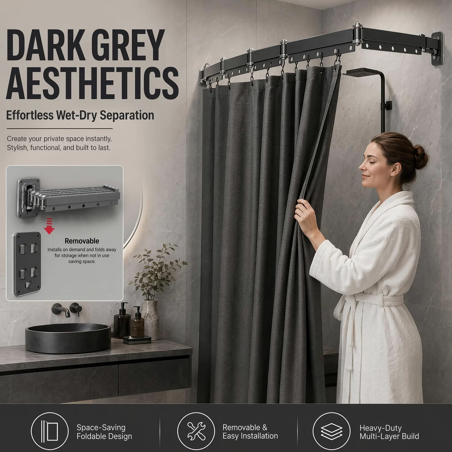 Tringle à rideau de douche sans perçage, pliable en 5 positions, montage mural en forme de L/U, barre de rideau de douche sans perçage pour coin/baignoire, pliable et peu encombrant (gris)