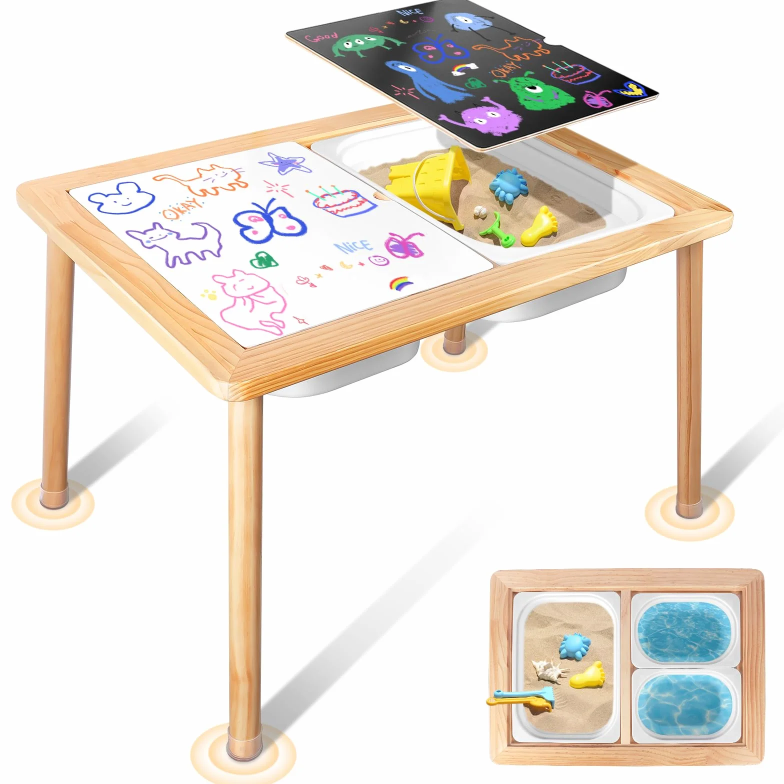 TERRAMUS Table pour Enfants, Table Sensorielle en Bois avec 3 Bacs de Rangement, Table d'eau et de Sable avec Couvercles Intérieure et Extérieure, Table d'activités pour Apprendre, Manger, Jouer