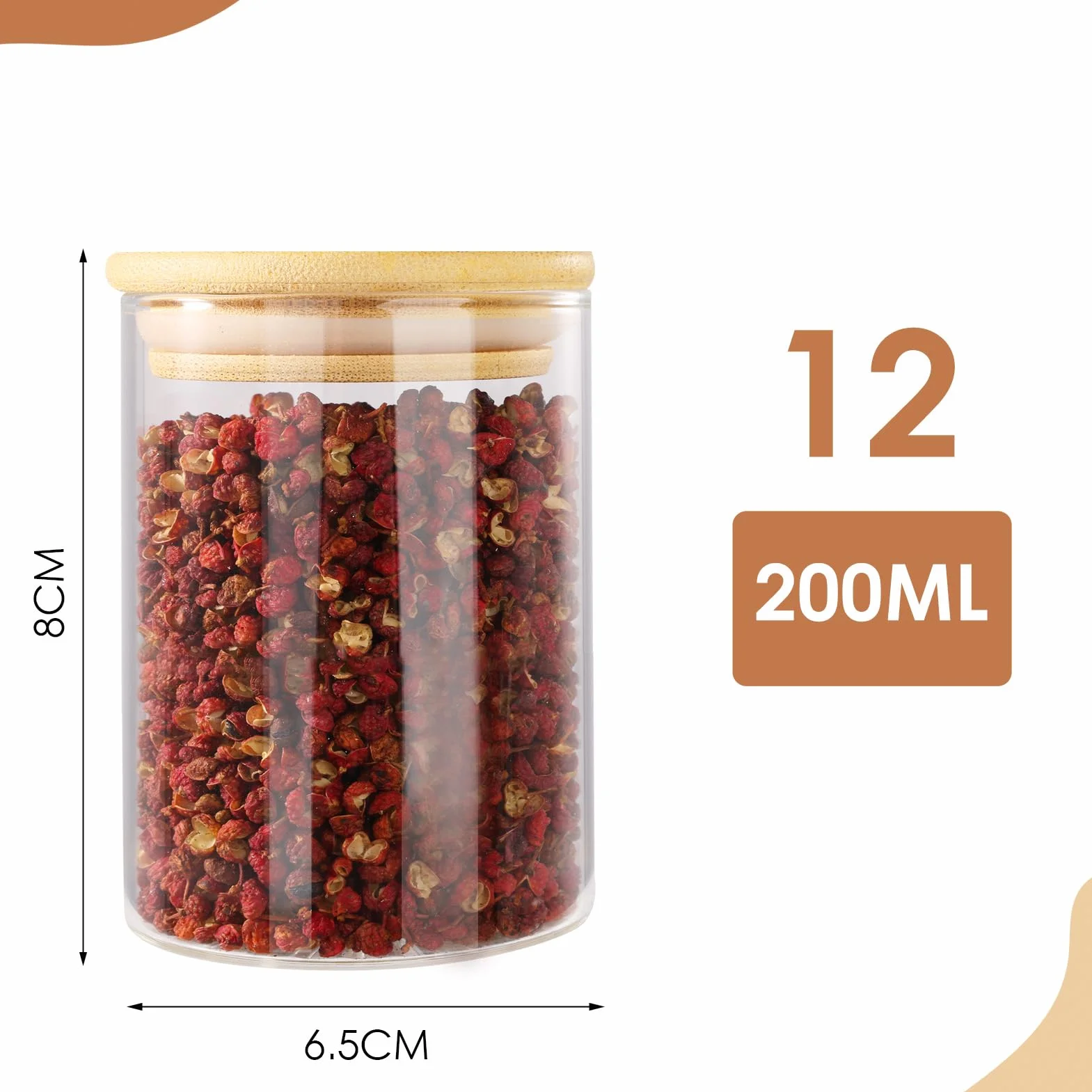 12 Bocaux à Épices en Verre 200 ml avec Couvercle Bambou, Récipient à Épices, Ensemble de Pots à Épices