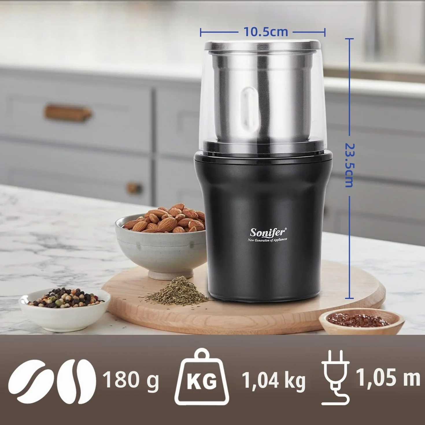 Moulin à épices électrique 300 W 100 g acier inoxydable récipient amovible