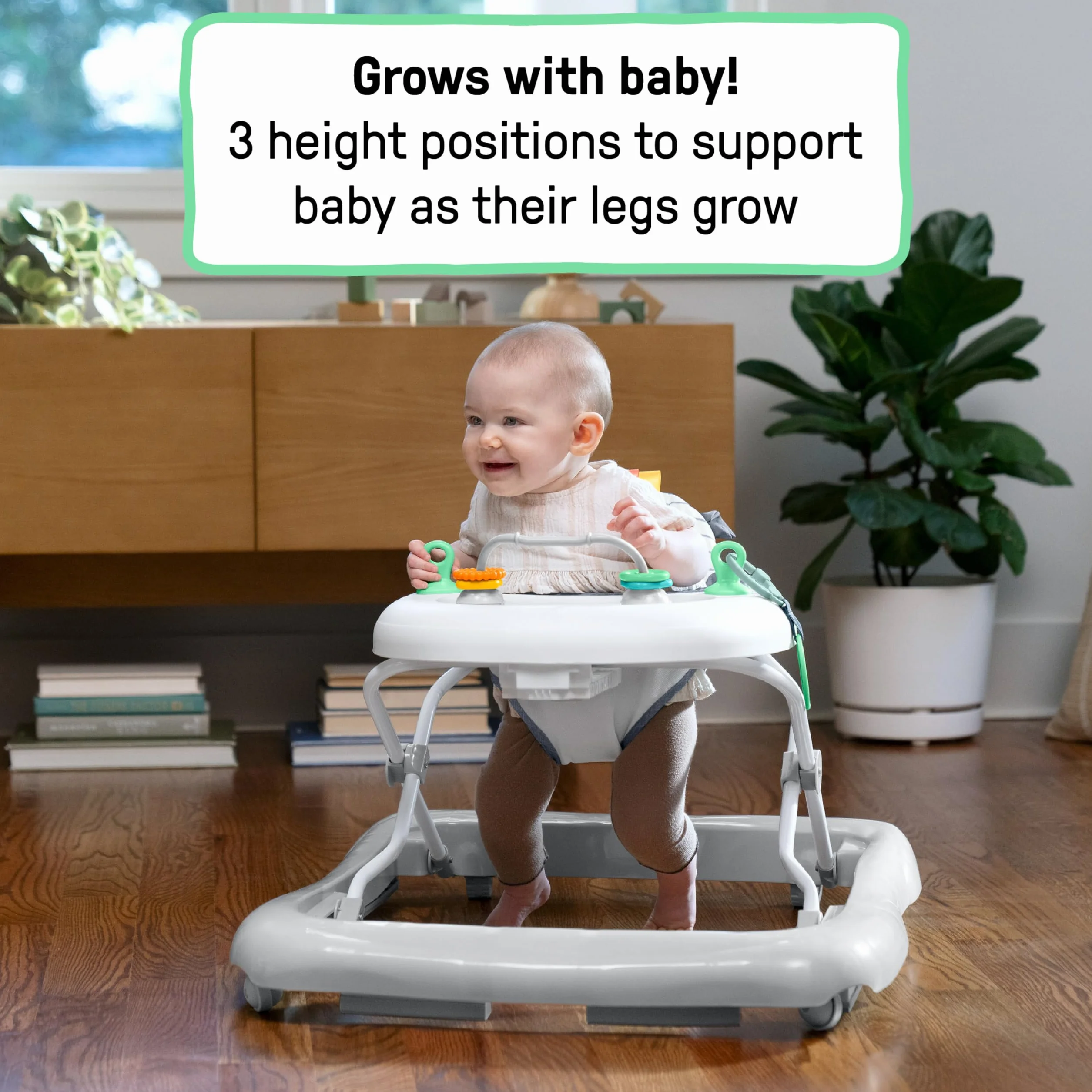 Ingenuity Trotteur Évolutif Smooth Strides Chambray, Trotteur avec Activités, 3 Hauteurs Réglables, Arc d'Activités Ajustable avec Jouets, pour Bébé 6-12 Mois
