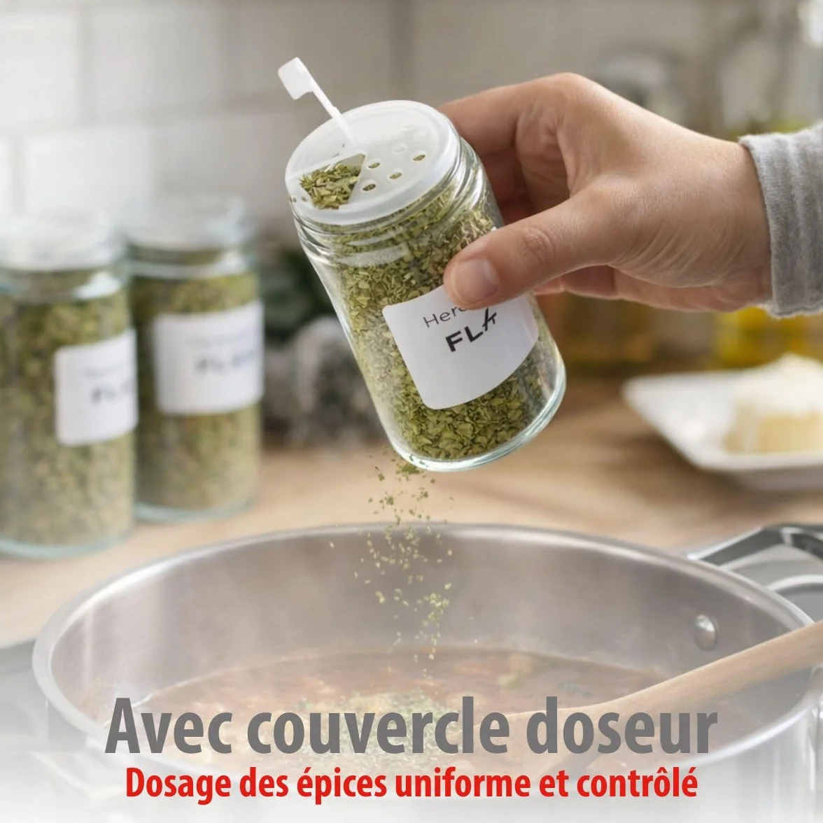 Alpina Pot Epices Verre Lot de 12 - Petit Pot en Verre avec Couvercle Bambou et Doseur pour Rangement Cuisine