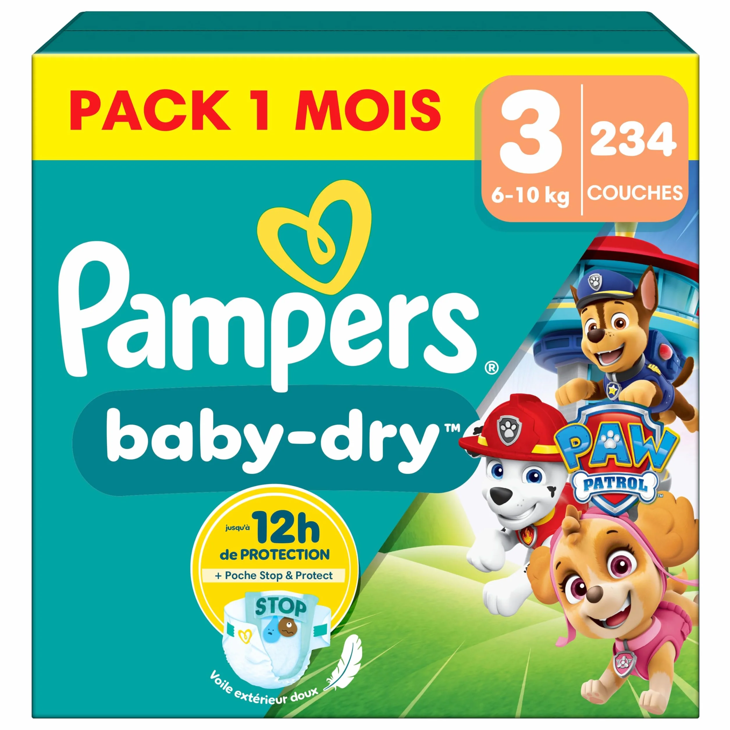 Pampers Baby-Dry Taille 3 234 Couches 6-10kg Protection 12h Édition Limitée Pat’Patrouille Pack 1 Mois