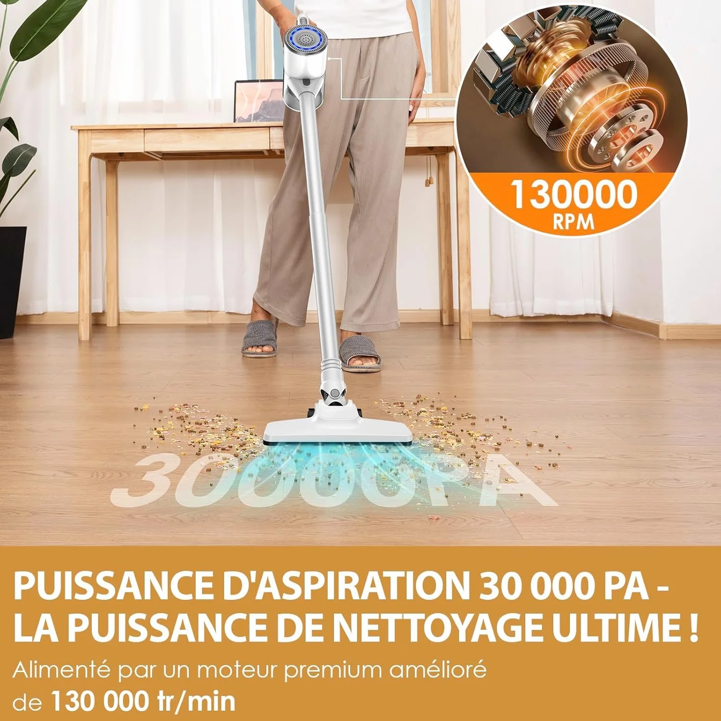 VersLife Aspirateur Balai sans Fil 30Kpa 30 Min Autonomie 4 en 1 sans Sac Poils Animaux Tapis Sols Blanc