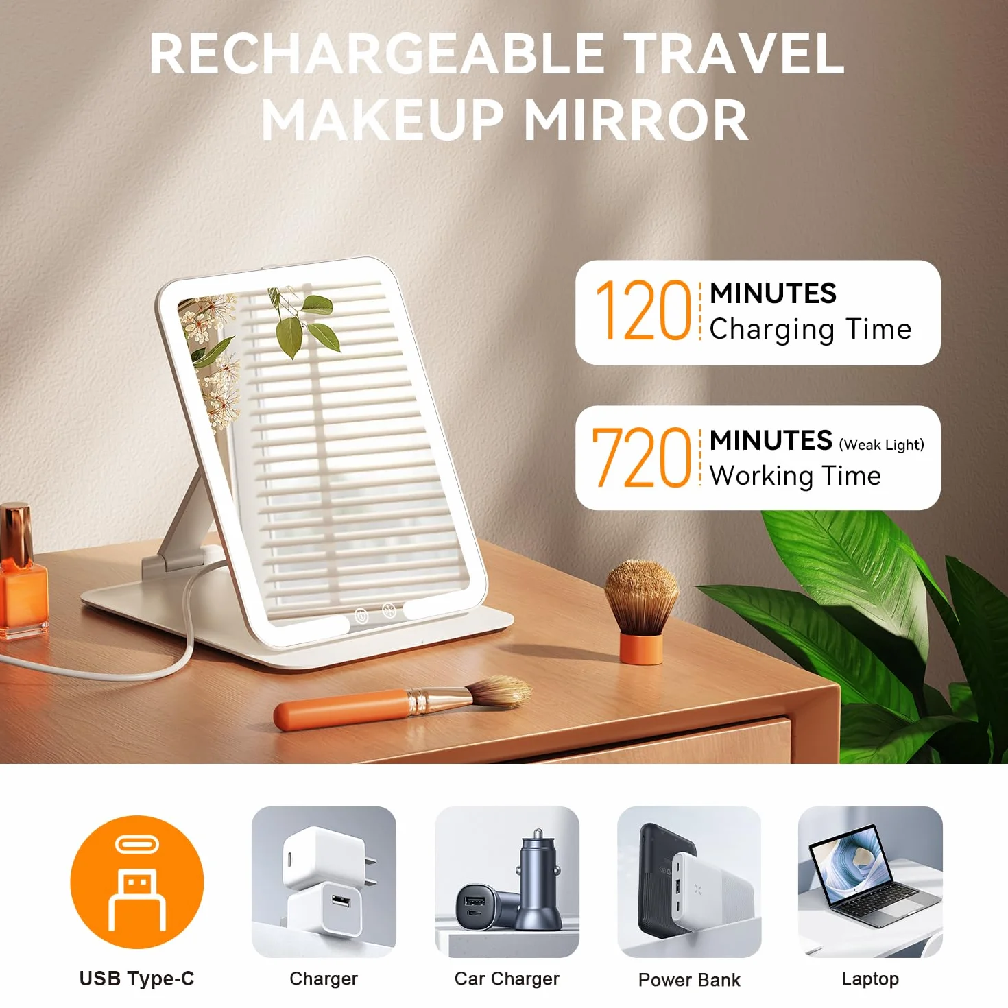 Auxmir Miroir Maquillage Lumineux Rechargeable 72 LED Pliable, Commande Tactile, 3 Couleurs Intensité Réglable Blanc