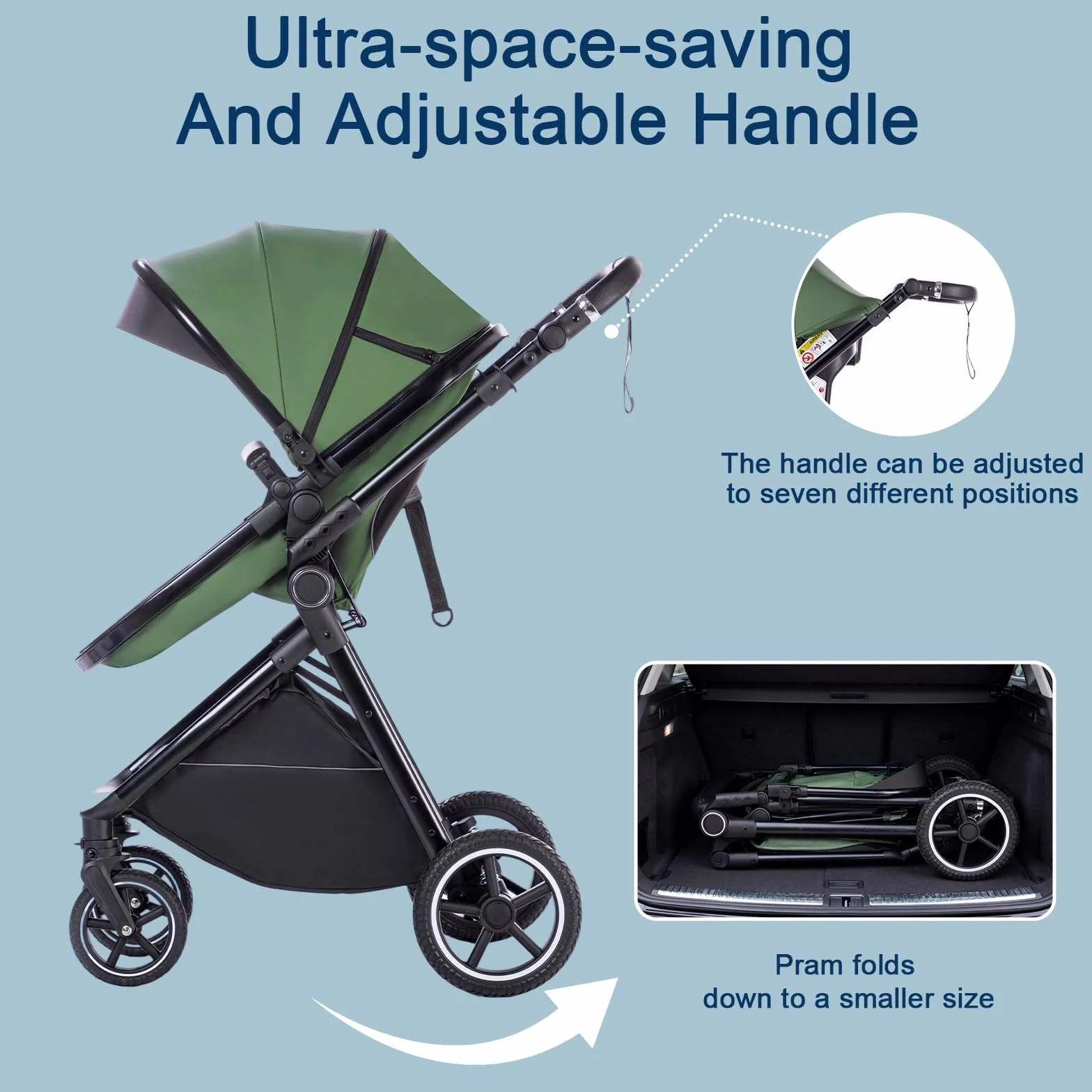 Poussette 3 en 1 avec Nacelle Pliable, Trio Poignée Réglable, Roues PU, pour Enfant de 0 à 3 Ans - Kaki Beige