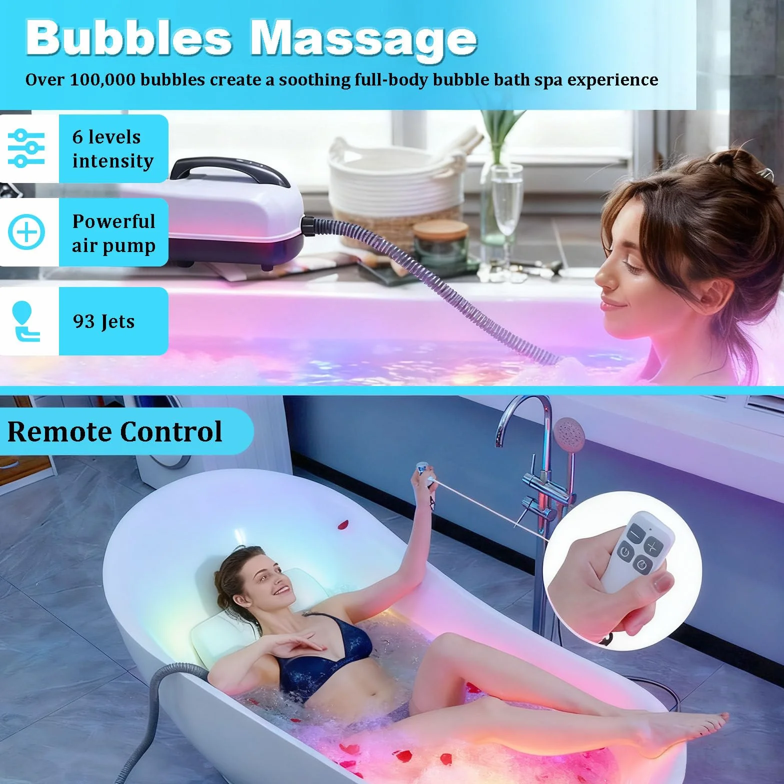 Tapis de Bain à Bulles avec Télécommande 93 Jets 6 Niveaux Lumières LED 7 Couleurs Pompe à Air Améliorée Portable