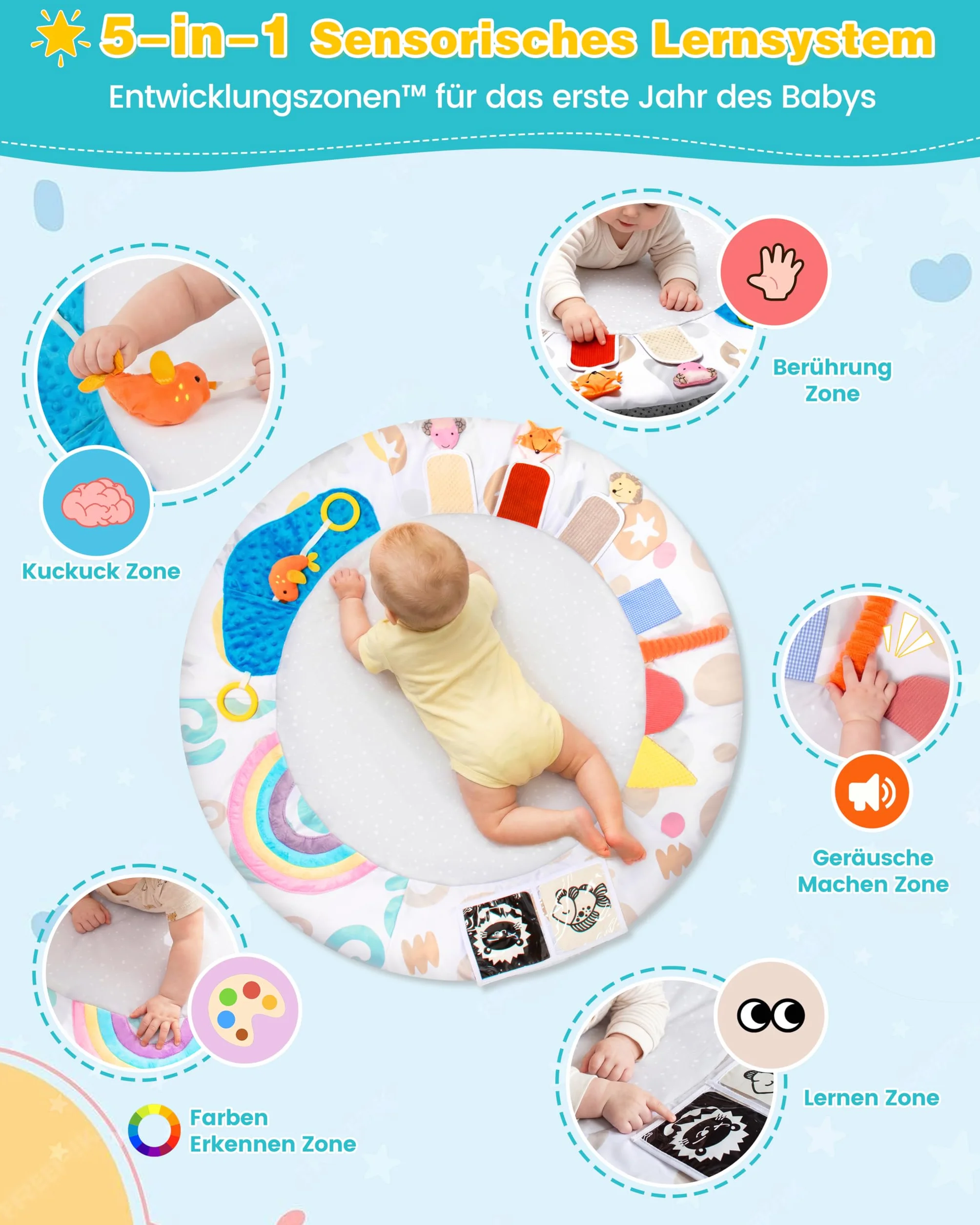 Tapis d'Éveil Bébé avec Arche Amovible, Jeux Sensoriels Montessori, 5 Jouets Suspendus 0-12 Mois