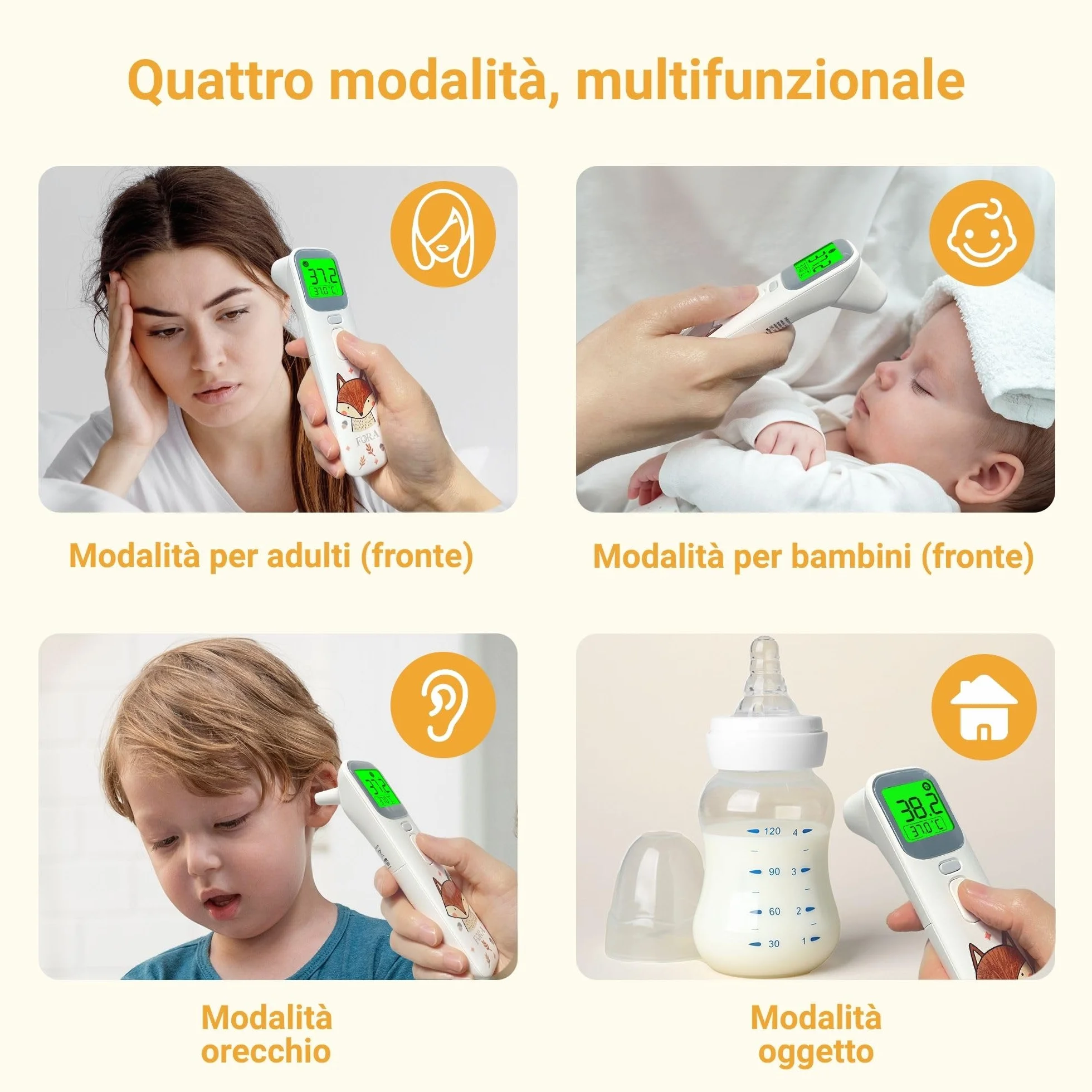 FORA Thermomètre Auriculaire et Frontal Digital avec Indicateur de Fièvre, Mode Silencieux, Mémoire, Affichage 4 Couleurs