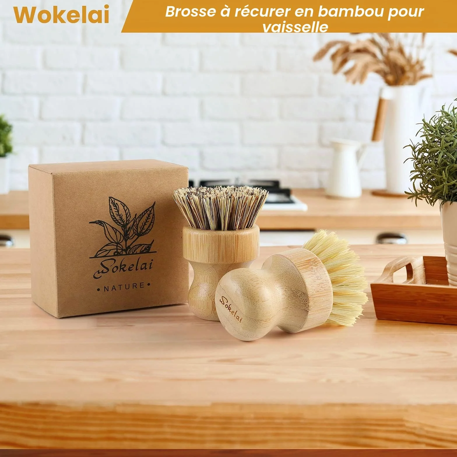 Brosse à vaisselle en bambou fibre de sisal naturel cuisine vaisselle casseroles poêles