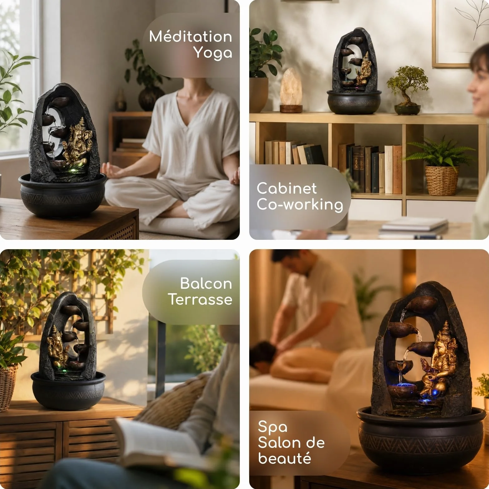 Fontaine d'Intérieur Bouddha Ganesh avec Lumière LED Colorée Feng Shui Zen H 40cm Mystic Zen'Light