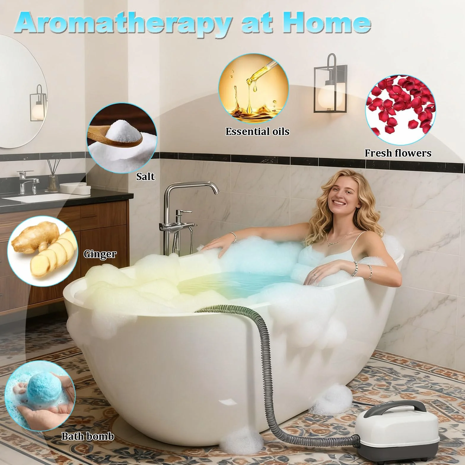 Tapis de Bain à Bulles avec Télécommande 93 Jets 6 Niveaux Lumières LED 7 Couleurs Pompe à Air Améliorée Portable