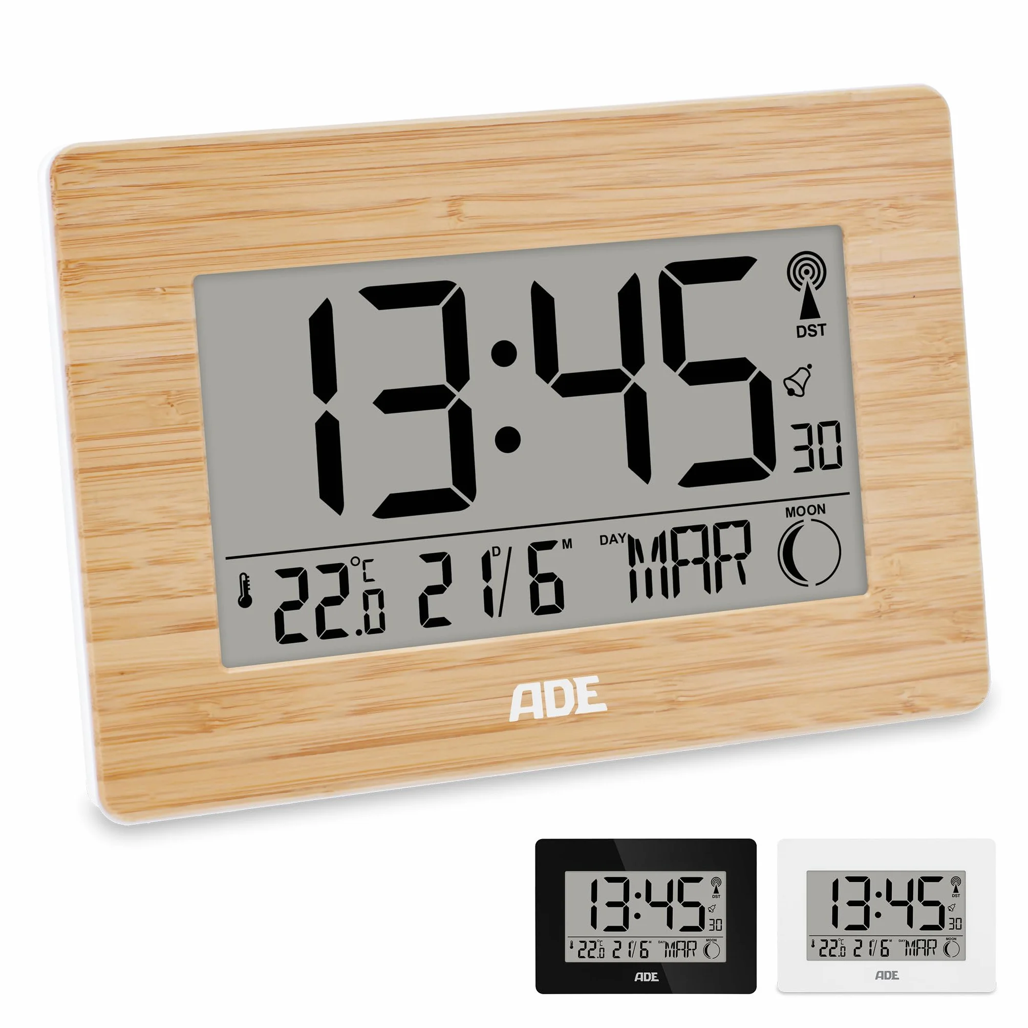 ADE Horloge Radio pilotée numérique Chiffres XXL Affichage température Design Moderne silencieuse Cadre Bois Bambou
