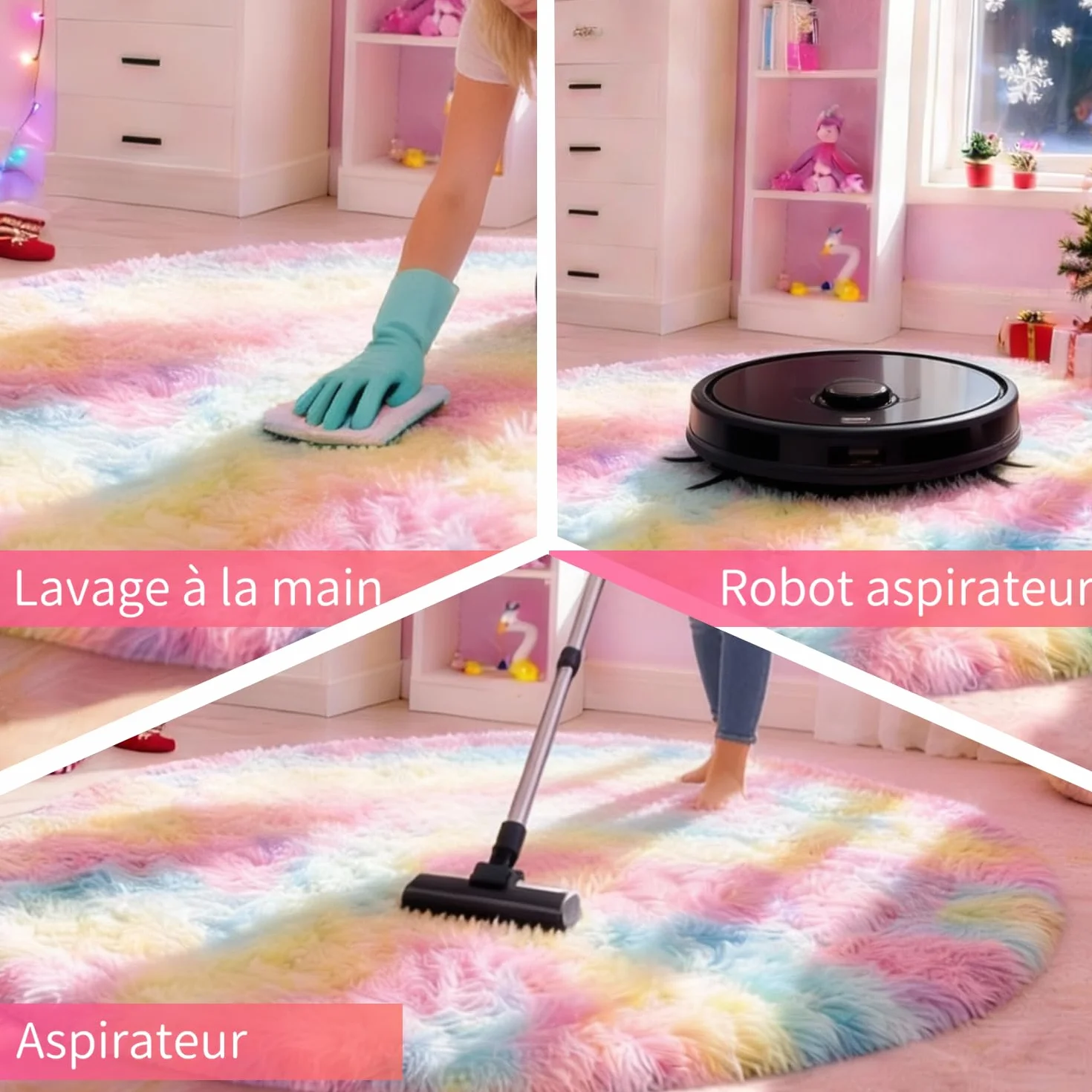 Tapis Rond 120 CM Arc-en-Ciel Lavable Antidérapant Ultra-Doux Fille Chambre