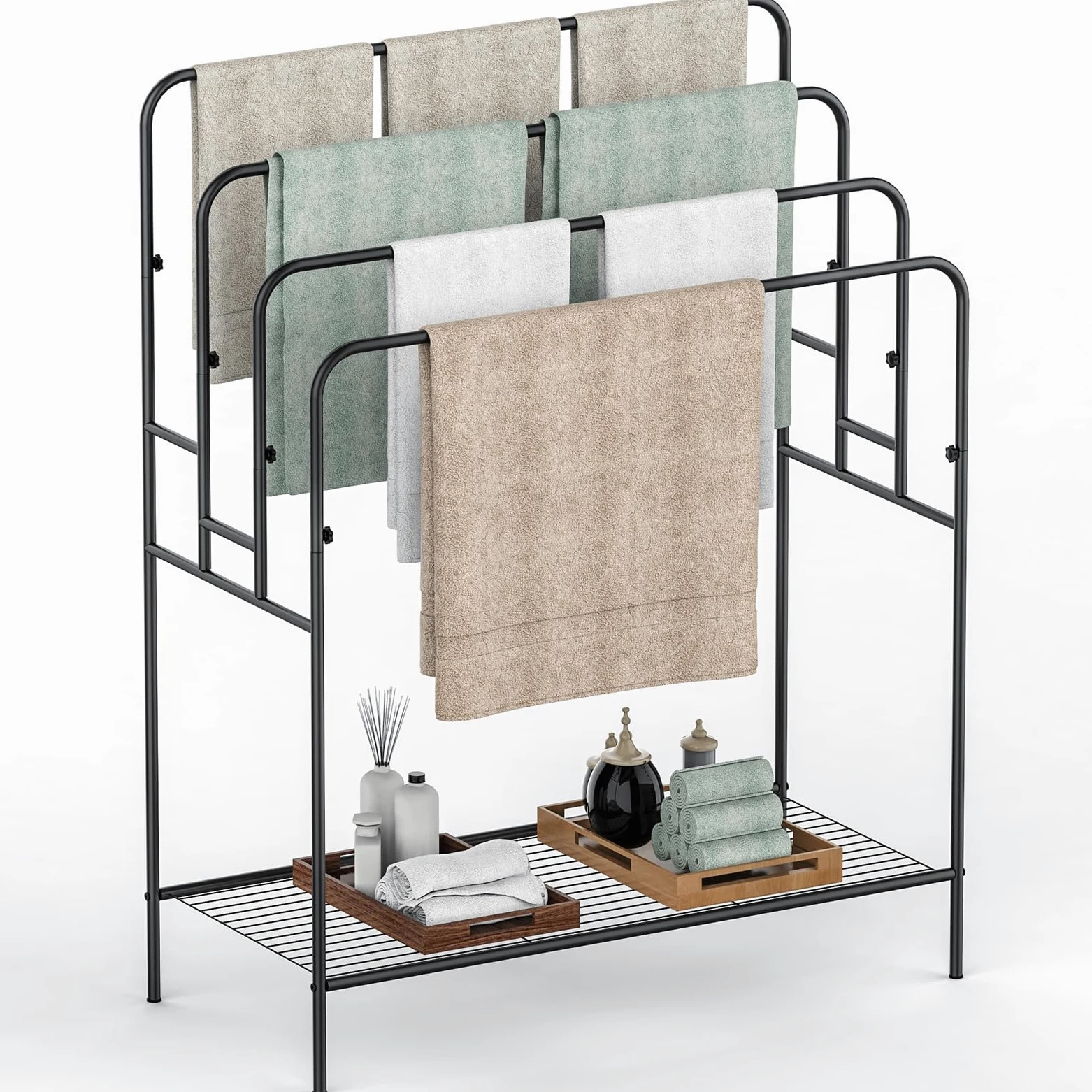 Porte-serviettes autoportant pour salle de bain, support de courtepointe pour salon, piscine extérieure, séchage de serviettes pour salle de bain, support d'échelle à 4 niveaux pour serviette de bain