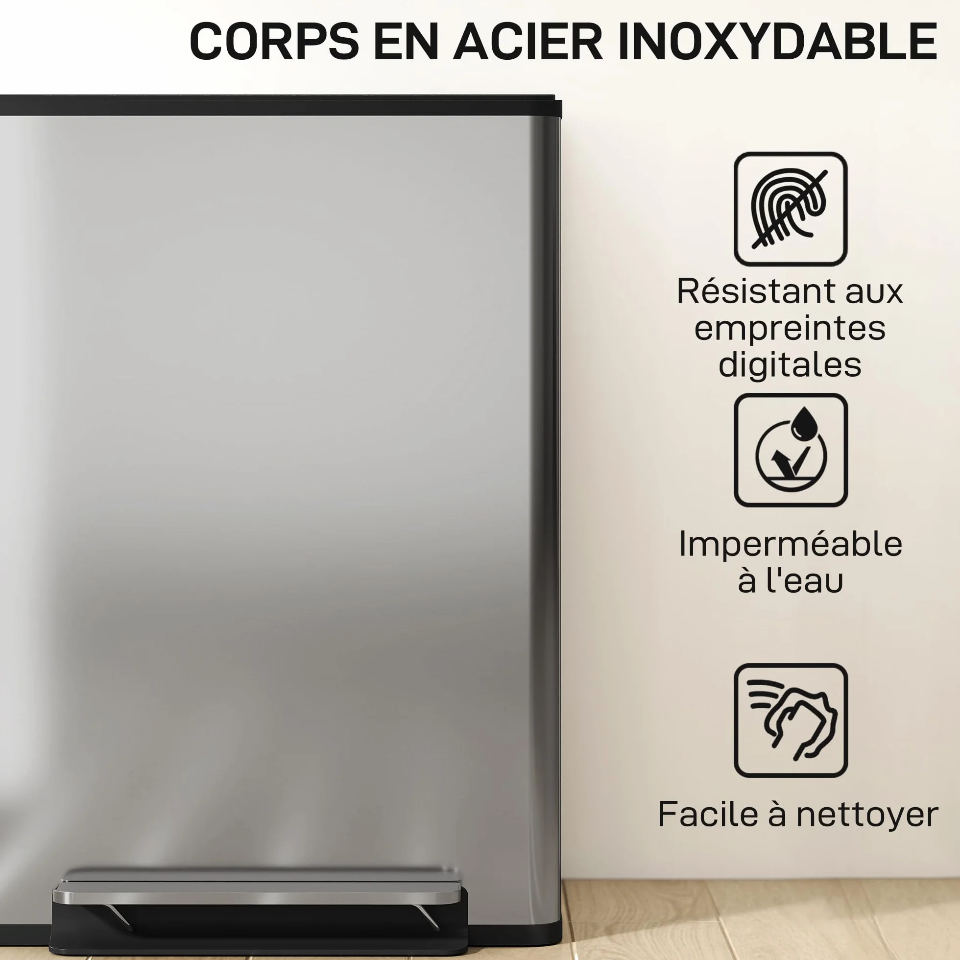 HOMCOM Poubelle double compartiment 2x30L acier inoxydable cuisine pédale tri sélectif
