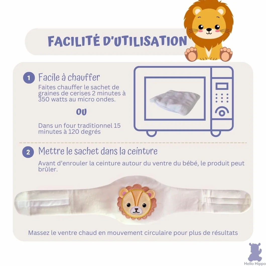 Hello Hippo Bouillotte Noyaux de Cerise Bébé Ceinture Chauffante Anti-Colique Nourrisson, Micro-Ondes ou Four, Lavable