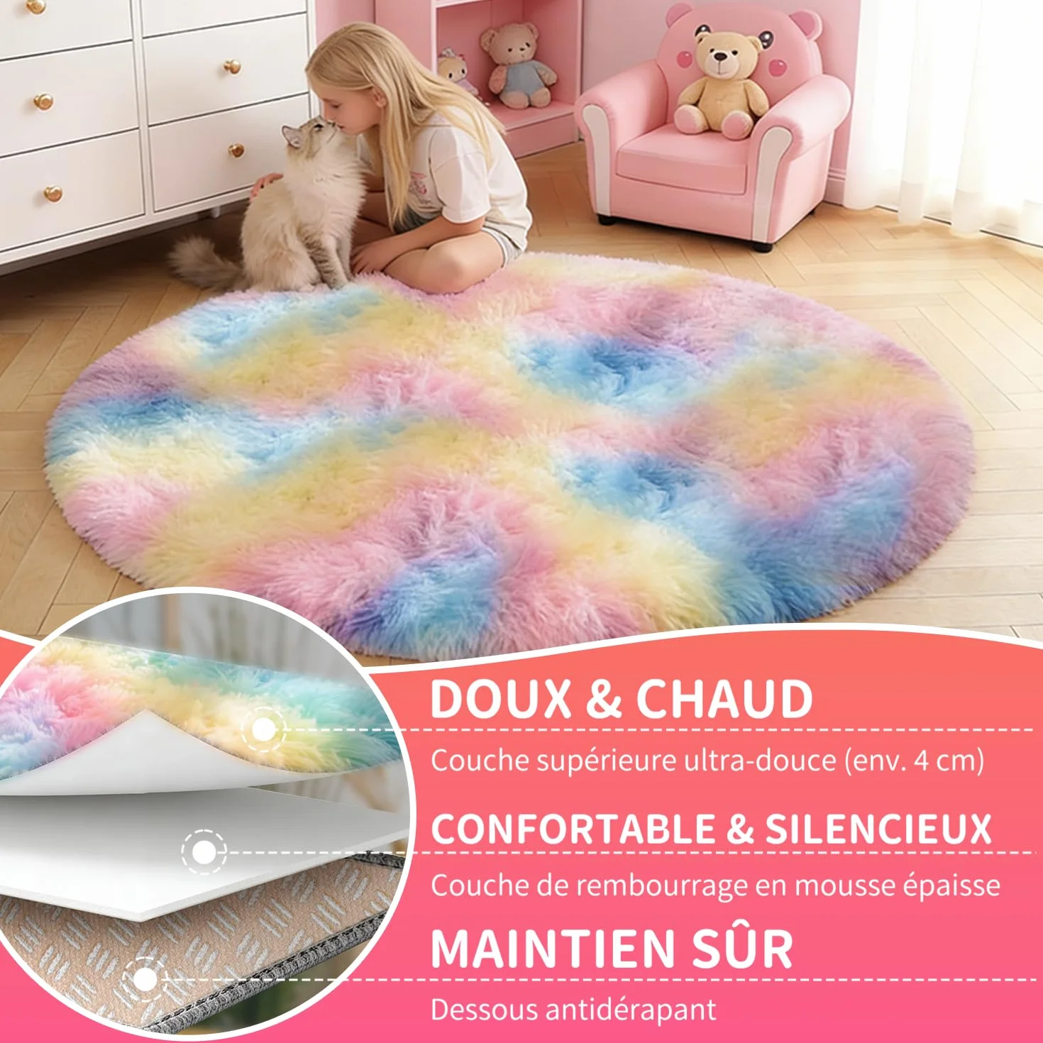 Tapis Rond 120 CM Arc-en-Ciel Lavable Antidérapant Ultra-Doux Fille Chambre